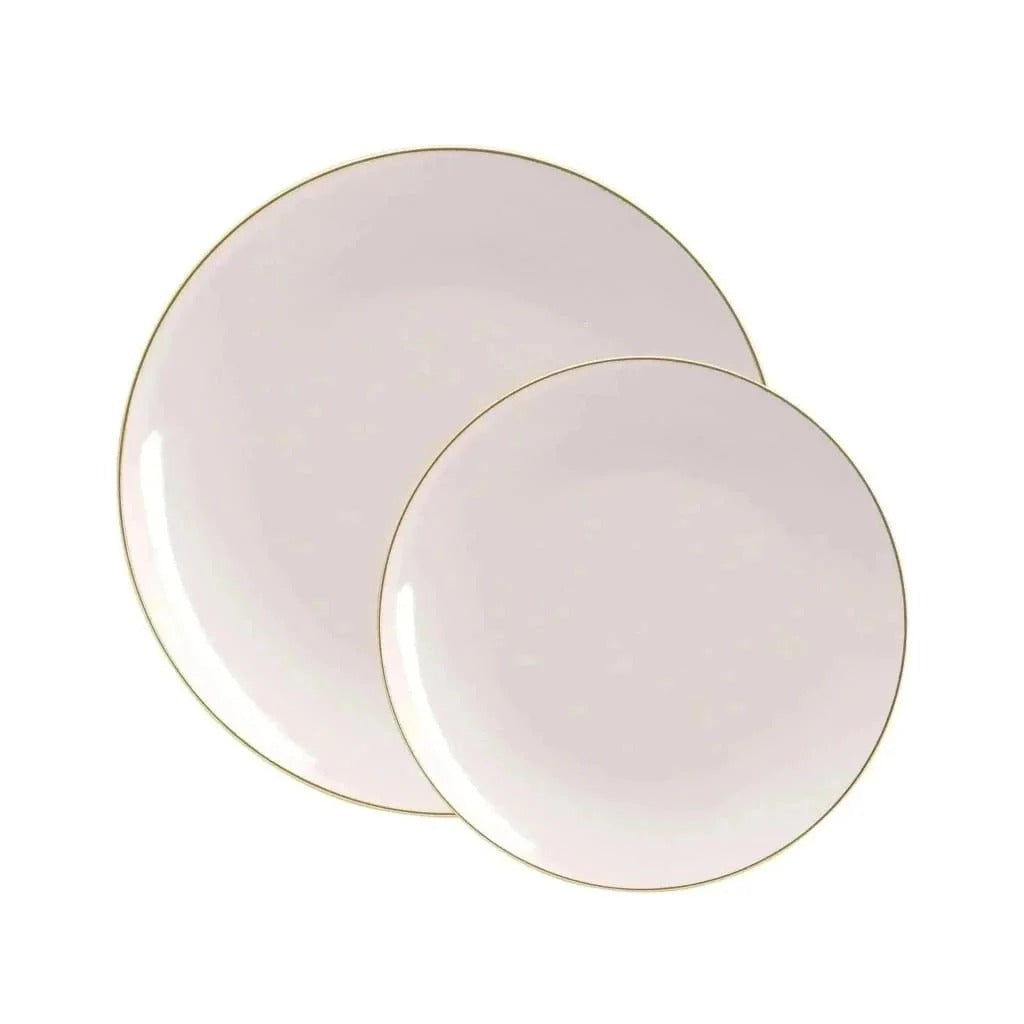 Organic Linen & Gold Rim Round Plastic Plates - Elegant Disposable Dinnerware for Parties, Weddings & Outdoor Events