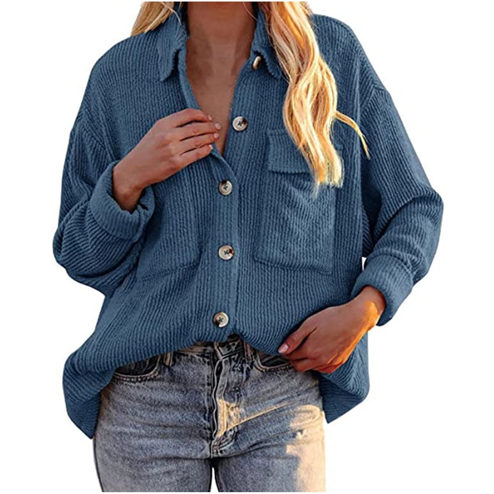Women's Corduroy Shirts - Long Sleeve Button Down Blouses, Solid Color Oversized Tops with Pocket | Casual Fall Outfits, Workwear & Layering Essential