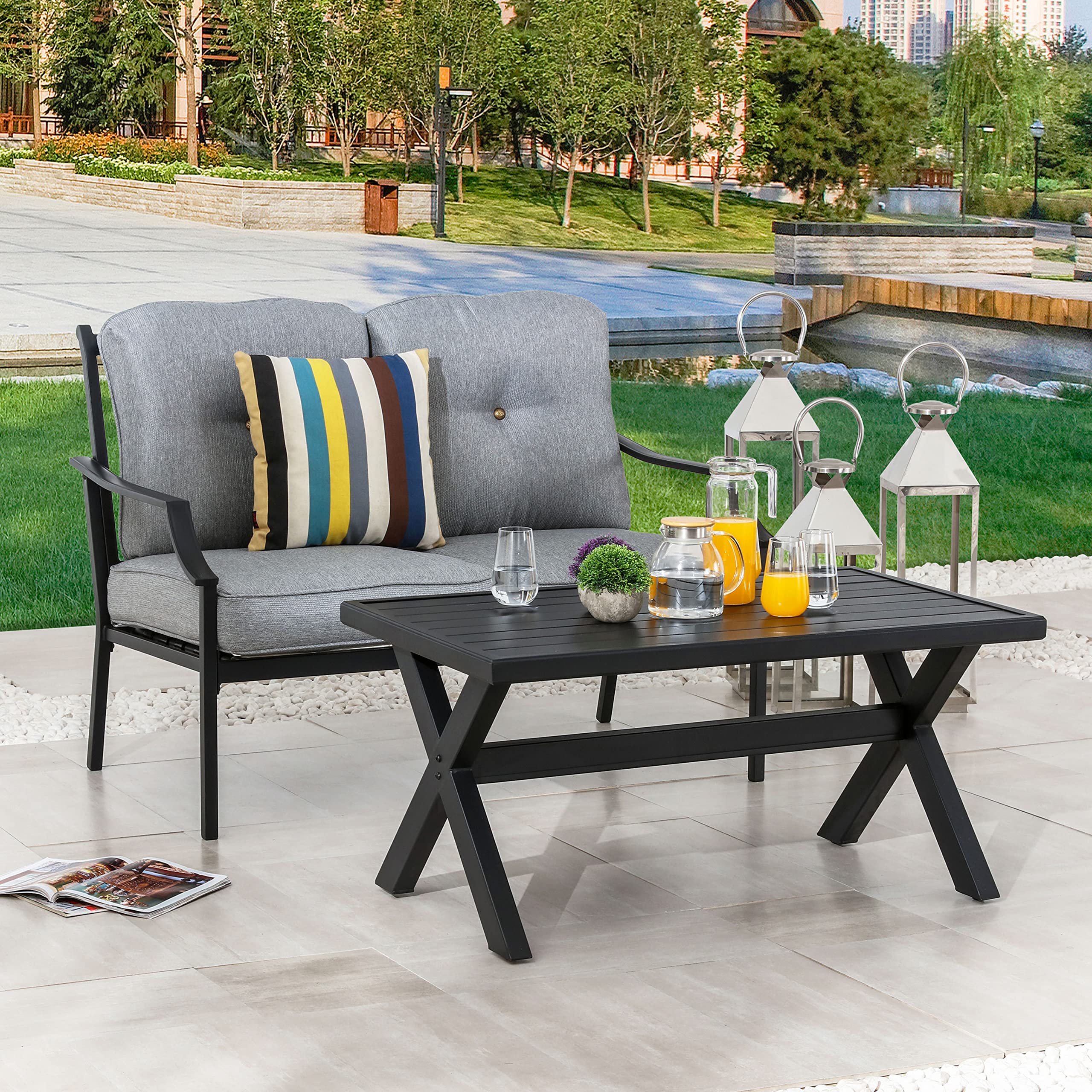 LOKATSE HOME Outdoor Loveseat and Coffee Table Set - 3-Piece Metal Patio Furniture with Cushions for Backyard, Poolside, Garden - Weather-Resistant Grey Conversation Set (Perfect for Relaxing, Entertaining Guests, and Outdoor Dining)