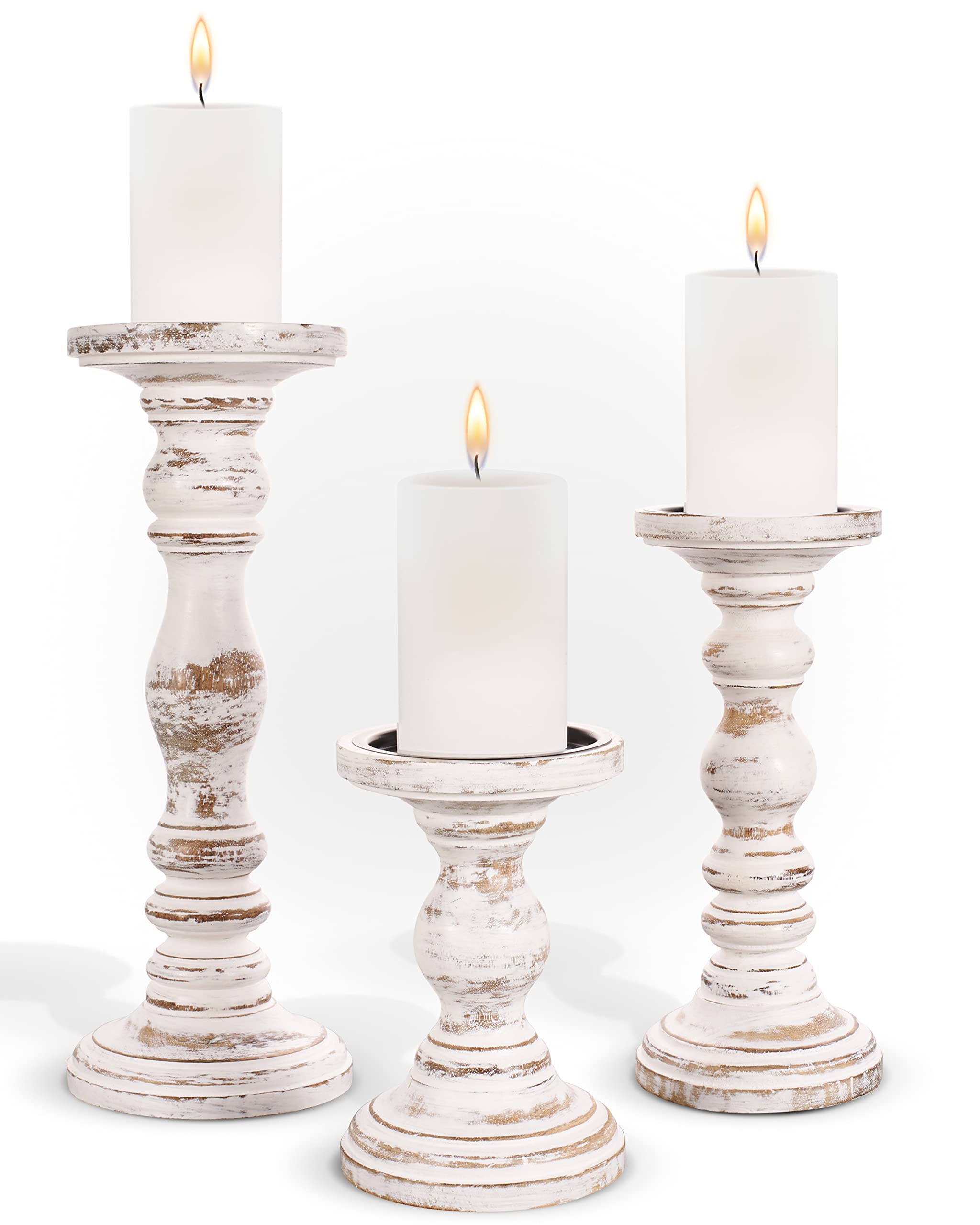 Large Rustic Farmhouse Candle Holders for Pillar Candles - 3-Piece White Home Decor Set - Perfect for Table Centerpieces, Coffee Table & Fireplace Mantel - Ideal for Weddings, Dinner Parties & Cozy Evenings