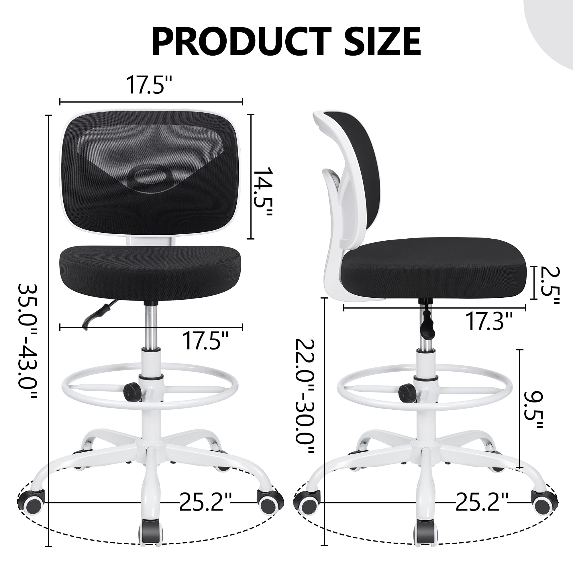 Primy Ergonomic Drafting Chair - Adjustable Height Armless Office Chair with Footring, Mid-Back Mesh Rolling Stool for Artists, Standing Desk & Home Office (White) | Perfect for Art Studios, Architects & Long Work Sessions