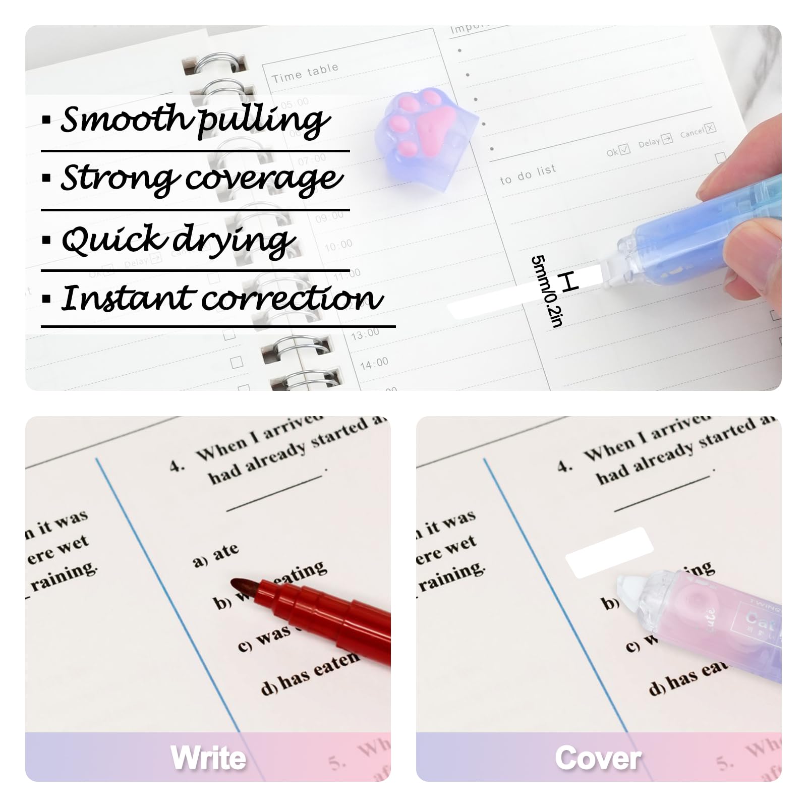 RETON 6-Pack White Correction Tape Set - 2-in-1 Correction Tape & Double-Sided Adhesive Roller with Cute Cat Paw Design - Perfect for School, Office, Scrapbooking & Craft Projects