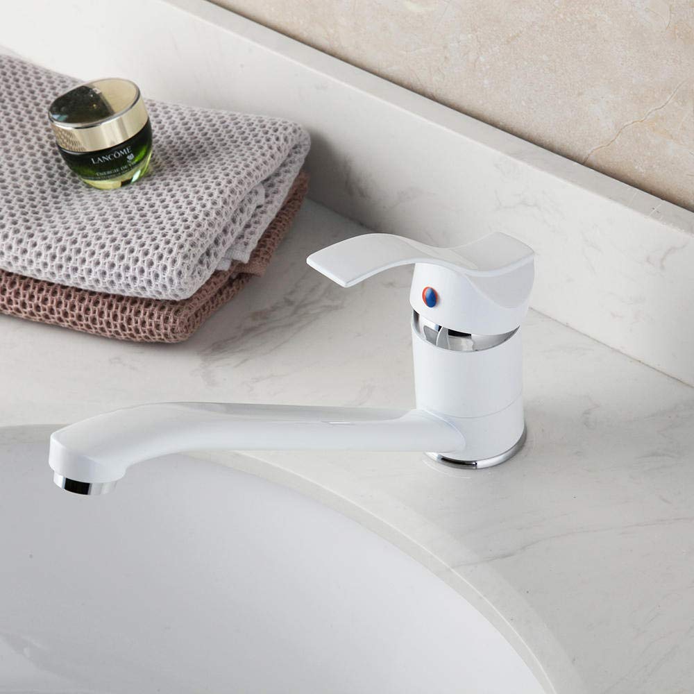 Matte White Single Handle Deck Mounted Kitchen Sink Faucet - Hot & Cold Water Mixer Tap for Bathroom & Kitchen - Perfect for Modern Home, RV, and Small Space Installation