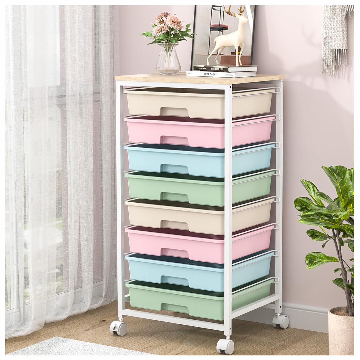 8-Drawer Rolling Storage Cart with Wooden Tabletop - Mobile Utility Cart for Living Room, Bedroom, Office, Classroom & Dorm Organization - Perfect for Home, School & Office Storage Needs