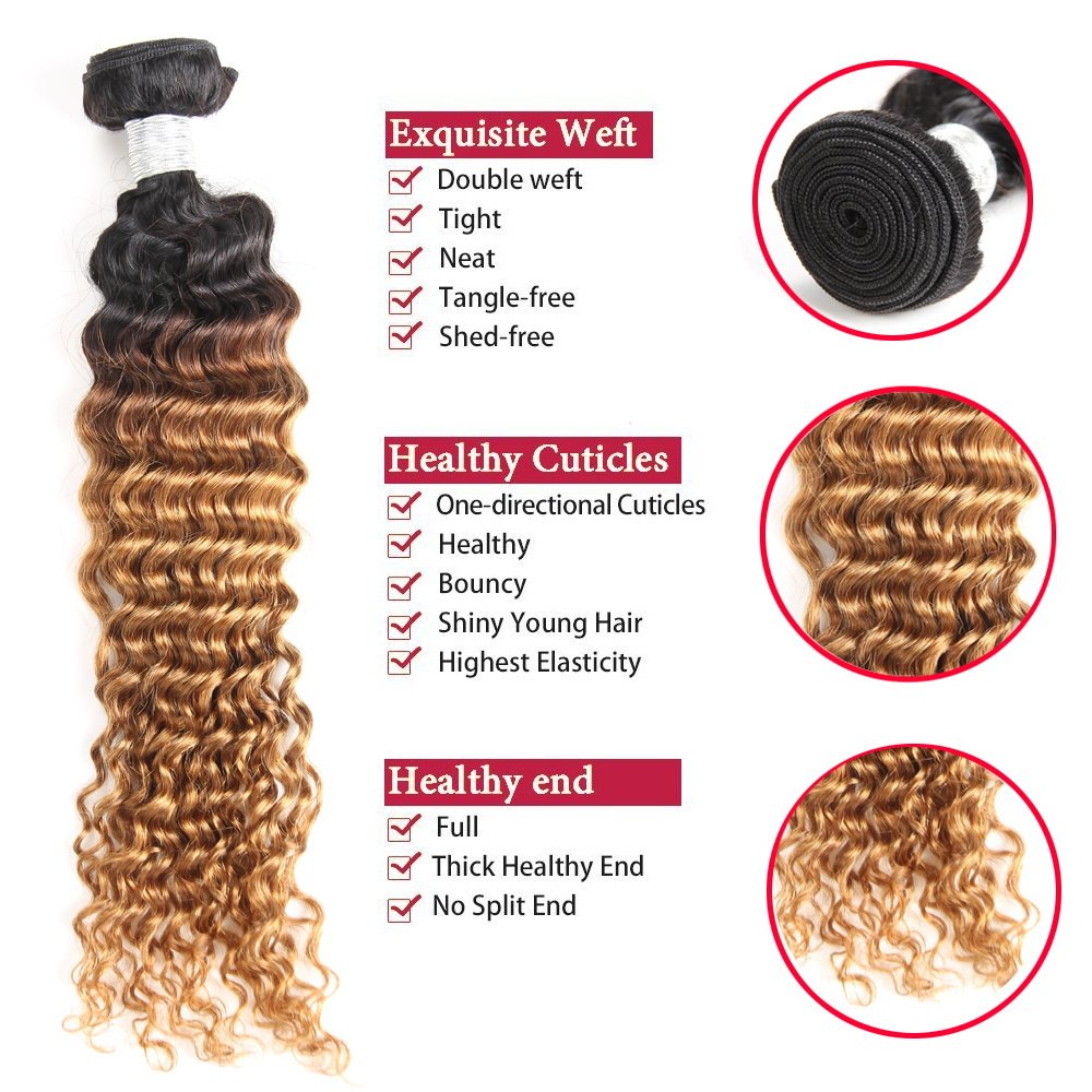 Ombre Deep Wave 4 Bundles Human Hair Extensions - 100% Real Human Hair Curly Bundles (18/18/18/18 Inch, 1B/30 Deep) - Perfect for Wet & Wavy Hairstyles, Daily Wear & Special Occasions