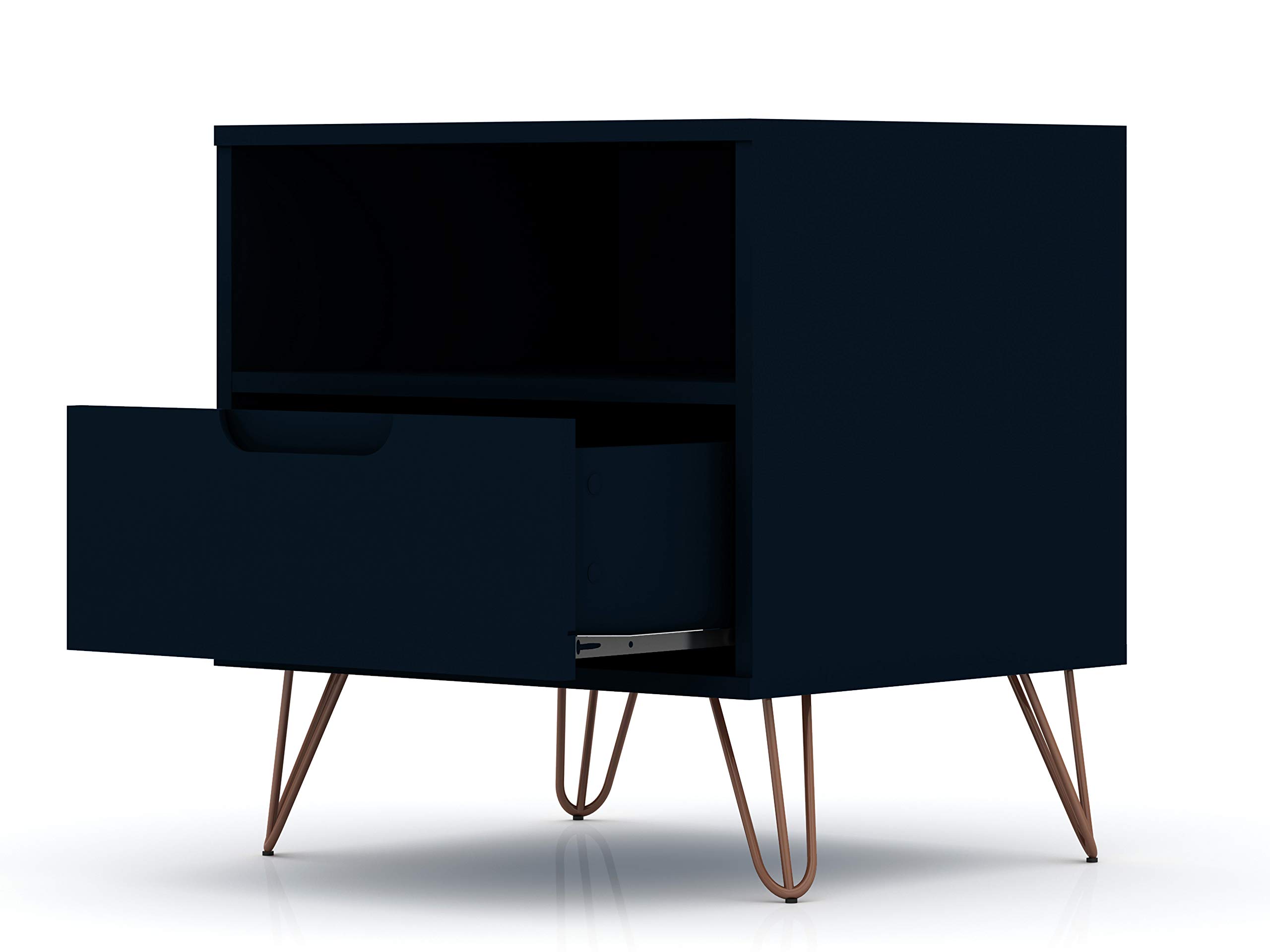 Mid Century Modern Nightstand with Drawer & Cubby - Minimalist Bedside Table for Bedroom & Living Room - Storage Organizer Display Shelf - Midnight Blue - Perfect for Small Spaces & Apartment Decor