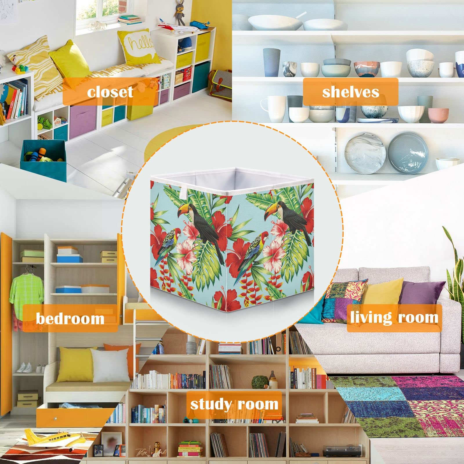 DOMIKING Foldable Fabric Storage Bins - 11 Inch Closet Organizers for Bedroom & Shelves | Toucan Parrot Design