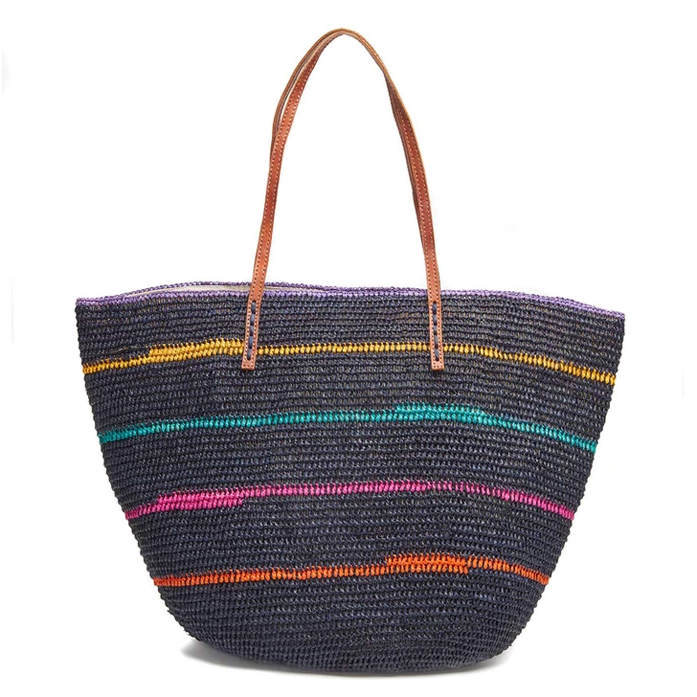 MAR Y SOL Cielo Striped Crocheted Raffia Straw Tote Bag - Navy Multi Color Beach Bag for Women, Perfect for Summer Vacation, Pool Party & Shopping
