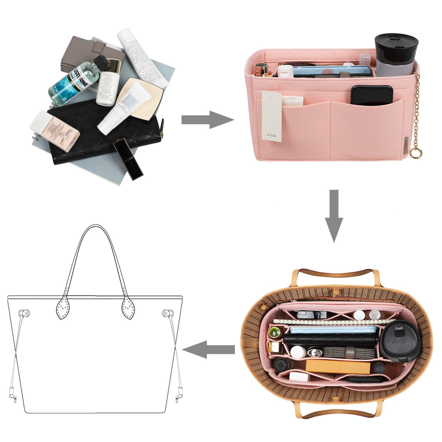 Premium Felt Purse Organizer Insert with Zipper & Sewn Bottom - Perfect Fit for Louis Vuitton Speedy, Neverfull, Graceful Handbags (6 Sizes) - Keep Your Luxury Bag Neat & Organized for Work, Travel & Daily Use