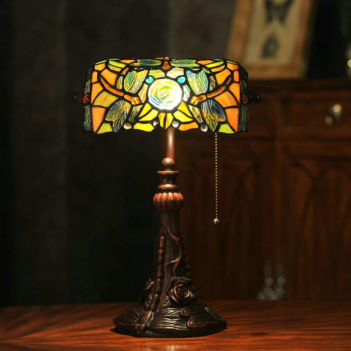 Tiffany Style Stained Glass Table Lamp with Dragonfly Design - 15.5