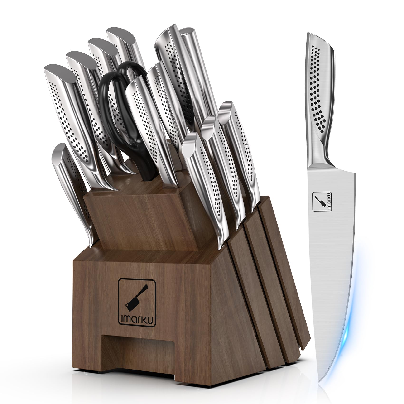 Imarku 16-Piece High Carbon Stainless Steel Kitchen Knife Set with Wooden Block - Ultra Sharp Japanese Knives with Non-Slip Ergonomic Handle, Dark Brown - Perfect for Home Chefs, Cooking Enthusiasts & Wedding Gifts