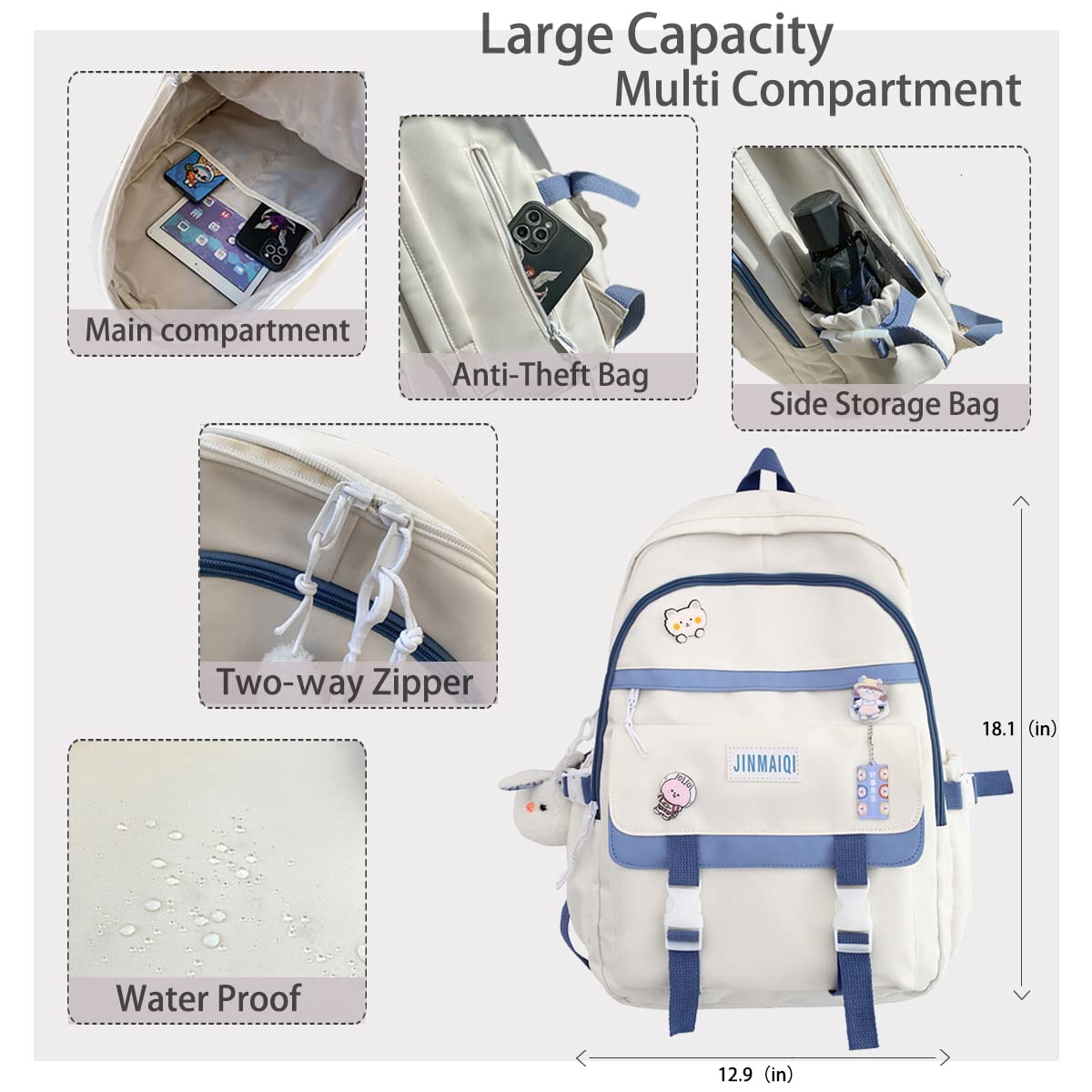 Cute Kawaii Backpack with Pins - Waterproof Travel Bag for School & Outdoors
