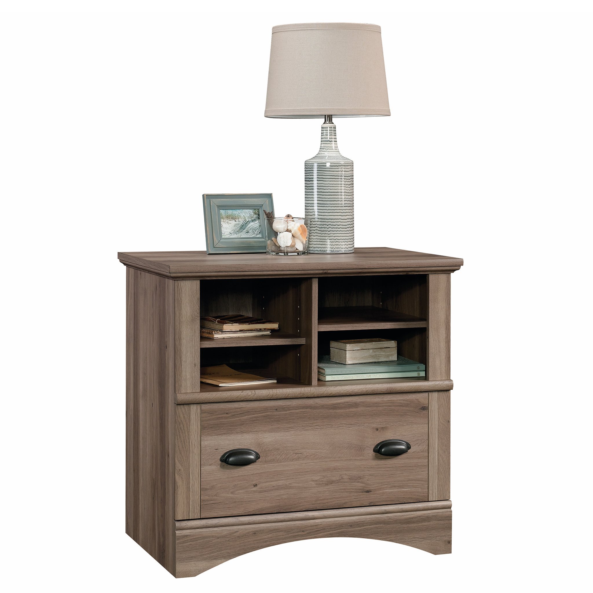 Sauder Harbor View 2-Drawer Lateral File Cabinet with Shelving - Salt Oak Finish for Home Office Organization & Document Storage
