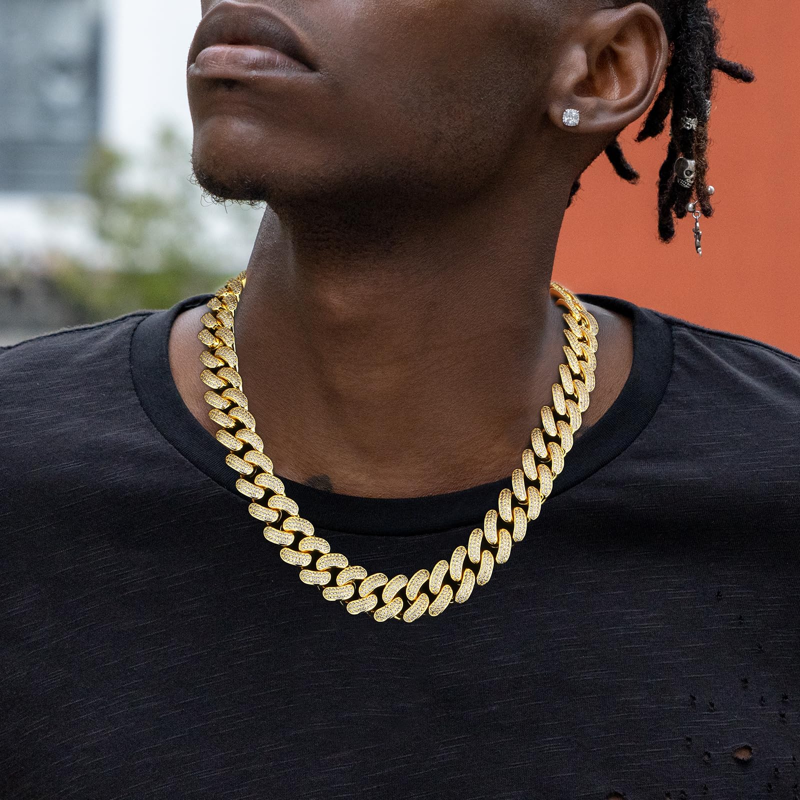 KRKC&CO Men's Iced Out Cuban Link Chain 12mm/18mm 3-Row Prong-Set 5A CZ Stones Gold Plated Necklace - Hip Hop Rapper Heavy Choker for Urban Streetwear, Durable Anti-Tarnish Jewelry Gift for Men | Perfect for Concerts, Parties and Fashion Statements