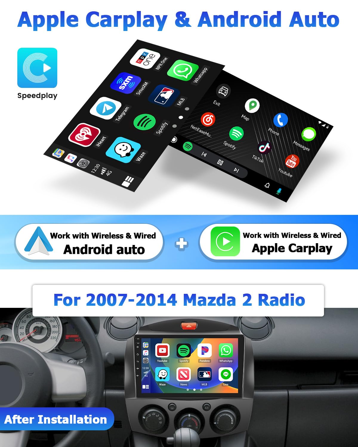 Hikity 9 Inch Android 13 Car Stereo for 2007-2014 Mazda 2 - 2GB RAM 64GB ROM with Wireless CarPlay & Android Auto, Touch Screen GPS Navigation, Bluetooth, WiFi, AHD Backup Camera - Perfect for Commuting & Road Trips
