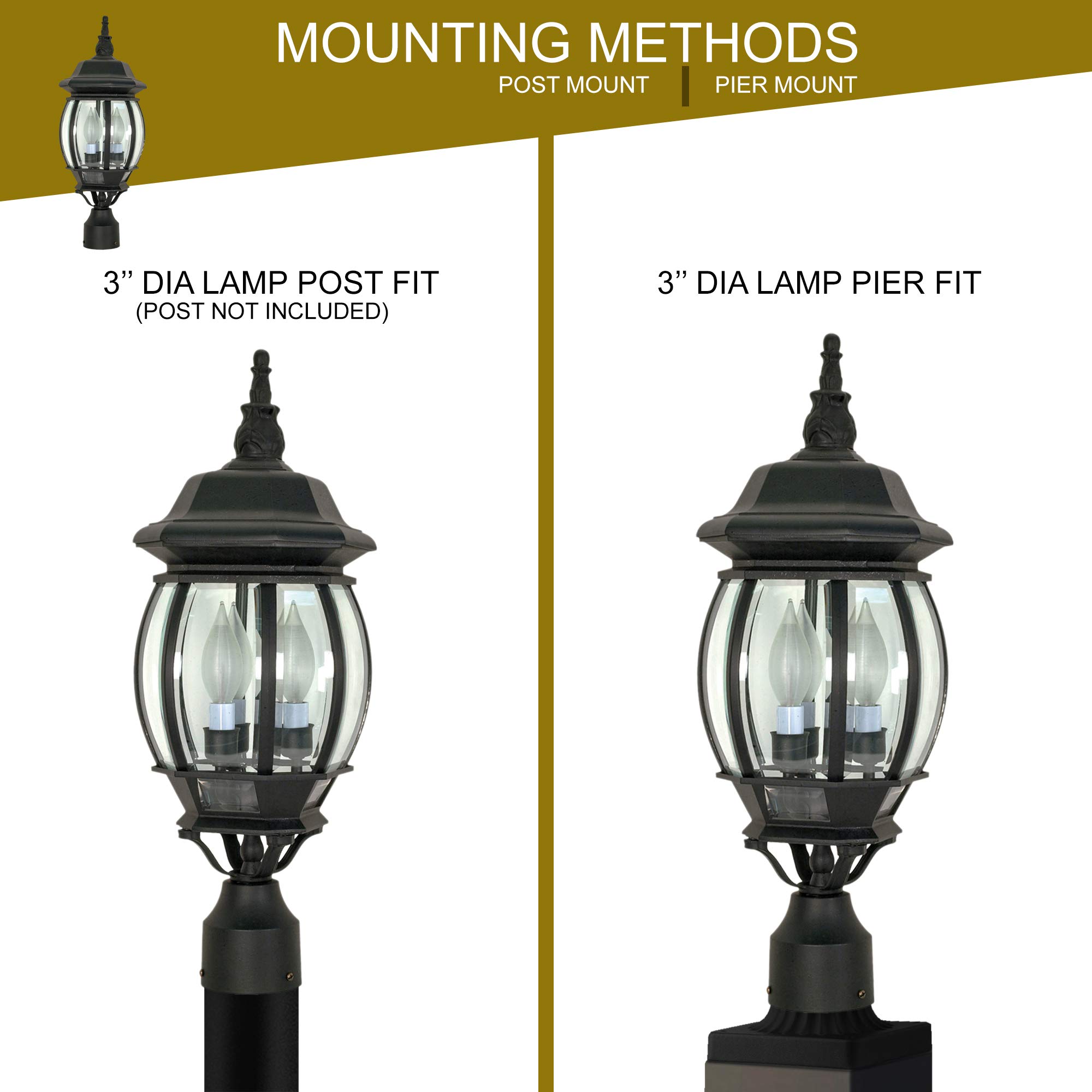 Ciata Outdoor Post Lights - 60W Black Lantern Lamp with Clear Beveled Glass for Garden, Patio, Driveway & Walkway Lighting - 120V Weatherproof Outdoor Lighting Fixture