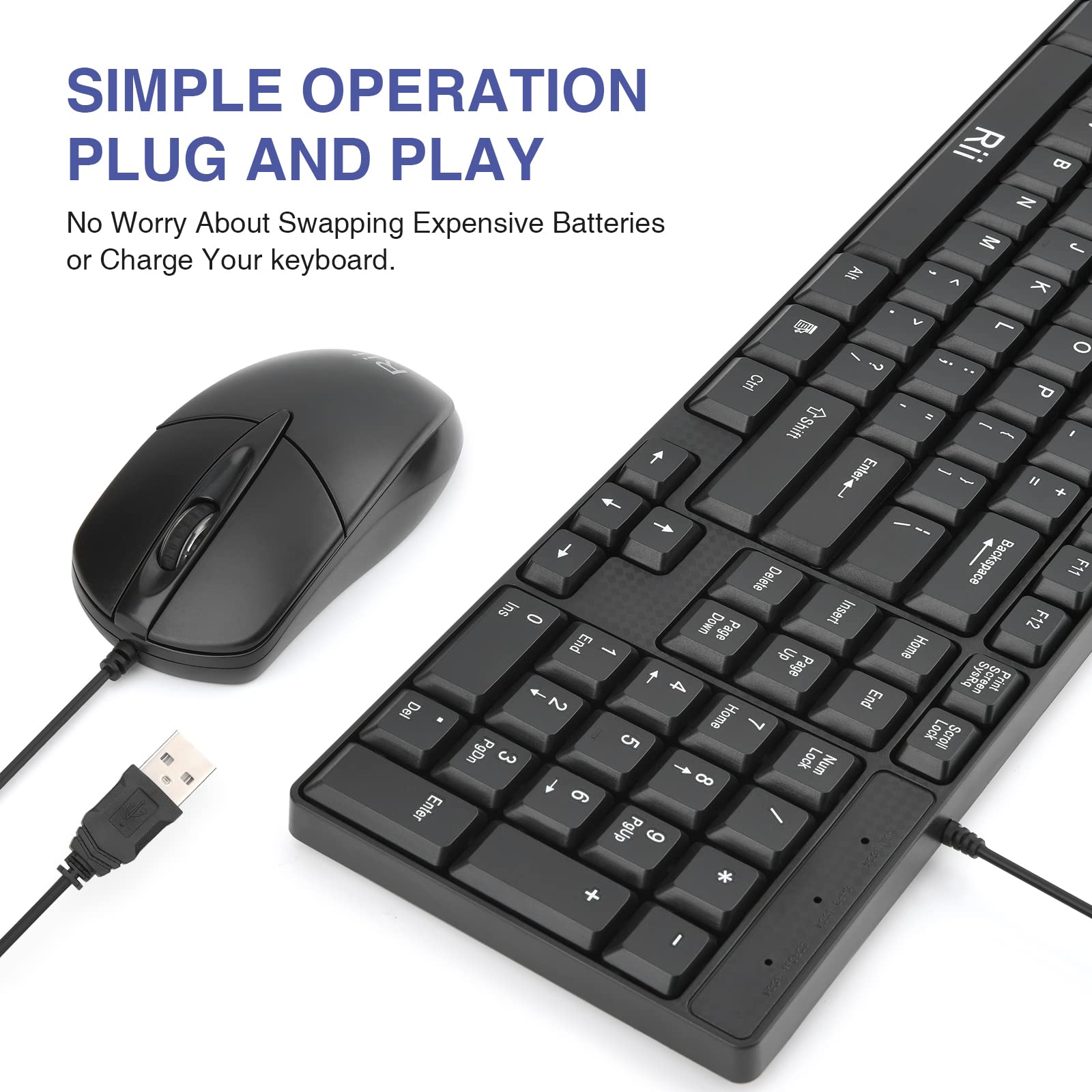 (10 Pack) Rii RK203 Ultra Slim Wired Keyboard and Mouse Combo Set with Number Pad - Full Size USB Keyboard & Mouse for PC, Laptop, Desktop, Windows - Perfect for Office, Gaming & Home Use
