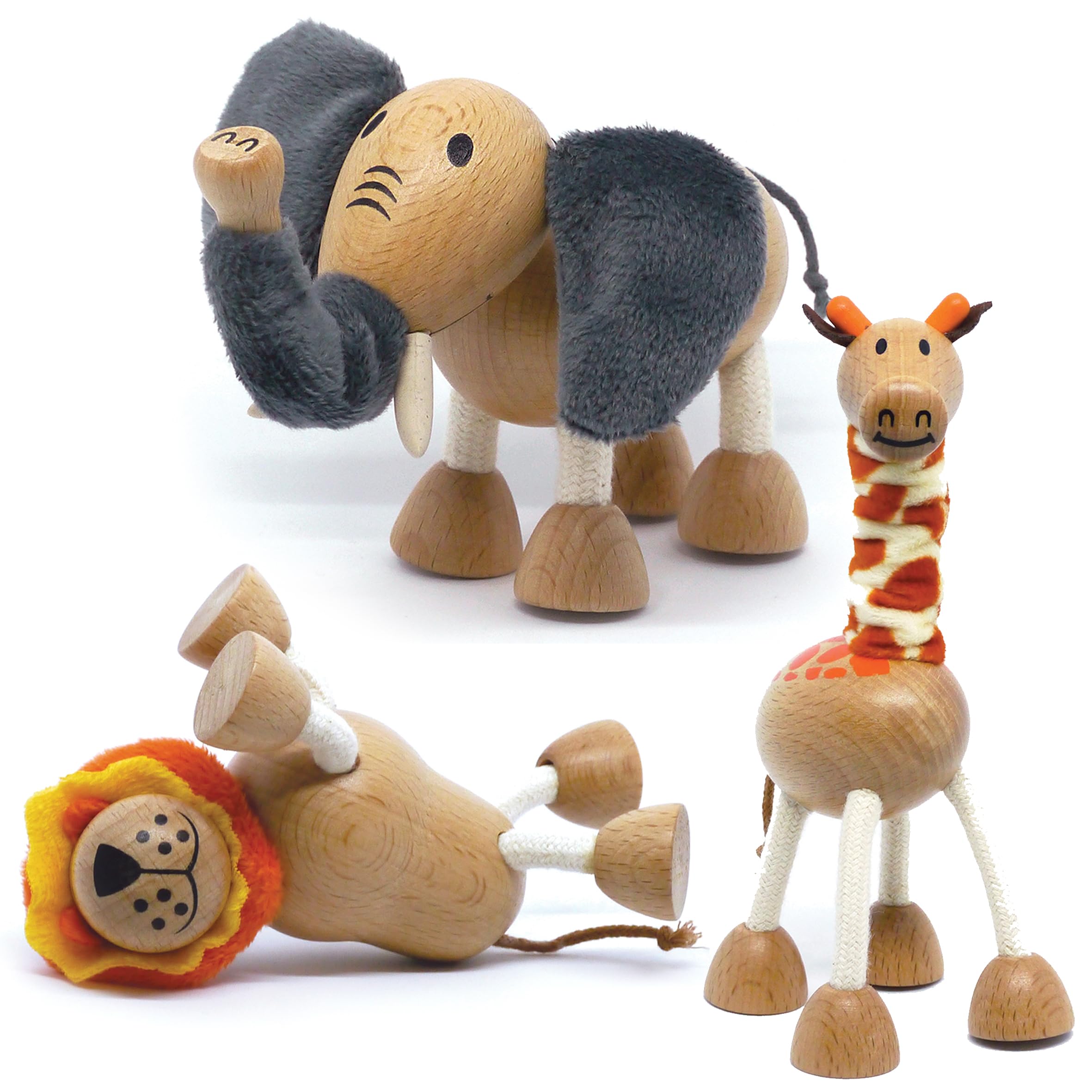 Eco-Friendly Wooden Animal Toys for Toddlers - Bendable Safari Playset with 3 Figures, Safe for Kids & Planet - Perfect for Pretend Play, Learning & Gifts for Boys & Girls