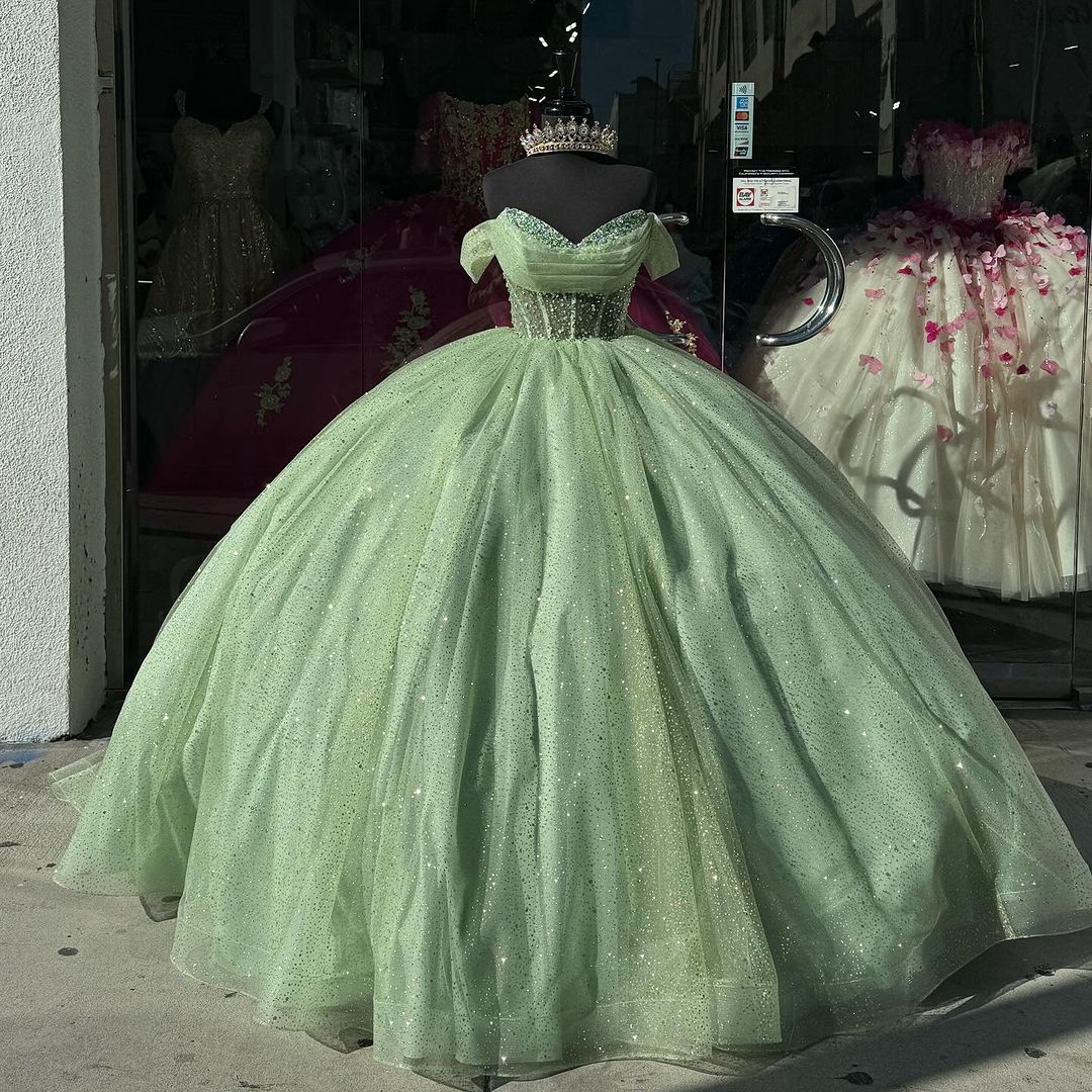 Green Sweet 16 Birthday Party Prom Dress - Off The Shoulder Ball Gown J3104 | Formal Evening Gown for Quinceañera, Homecoming, Wedding Guest & Special Occasions