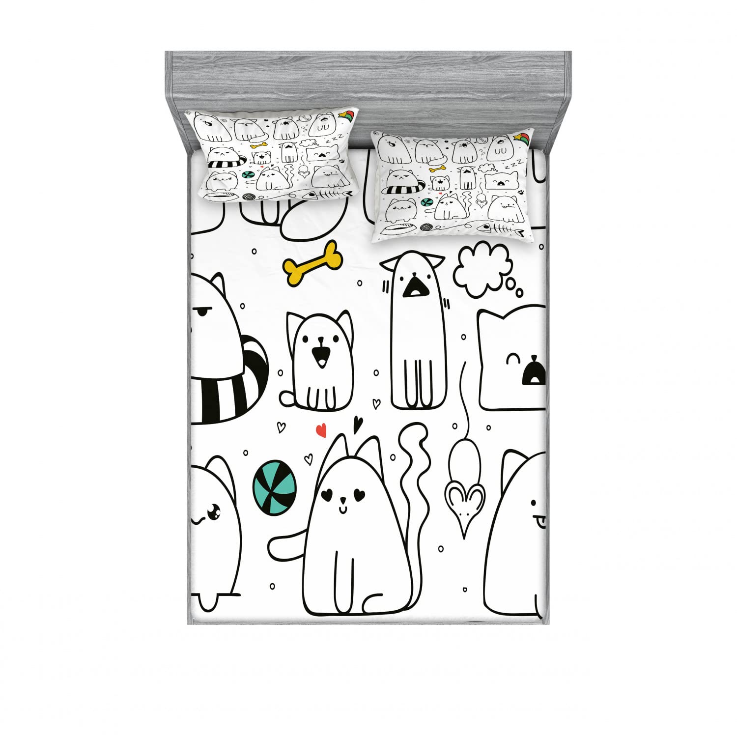 Ambesonne 2-Pack Queen Size Fitted Sheet & Pillow Sham Set - Sketchy Cats Design, 4-Piece Bedding Set (2 Fitted Sheets & 4 Pillow Covers), Colorful Cartoon Cat Pattern - Perfect for Kids' Rooms, Guest Bedrooms & Themed Decor