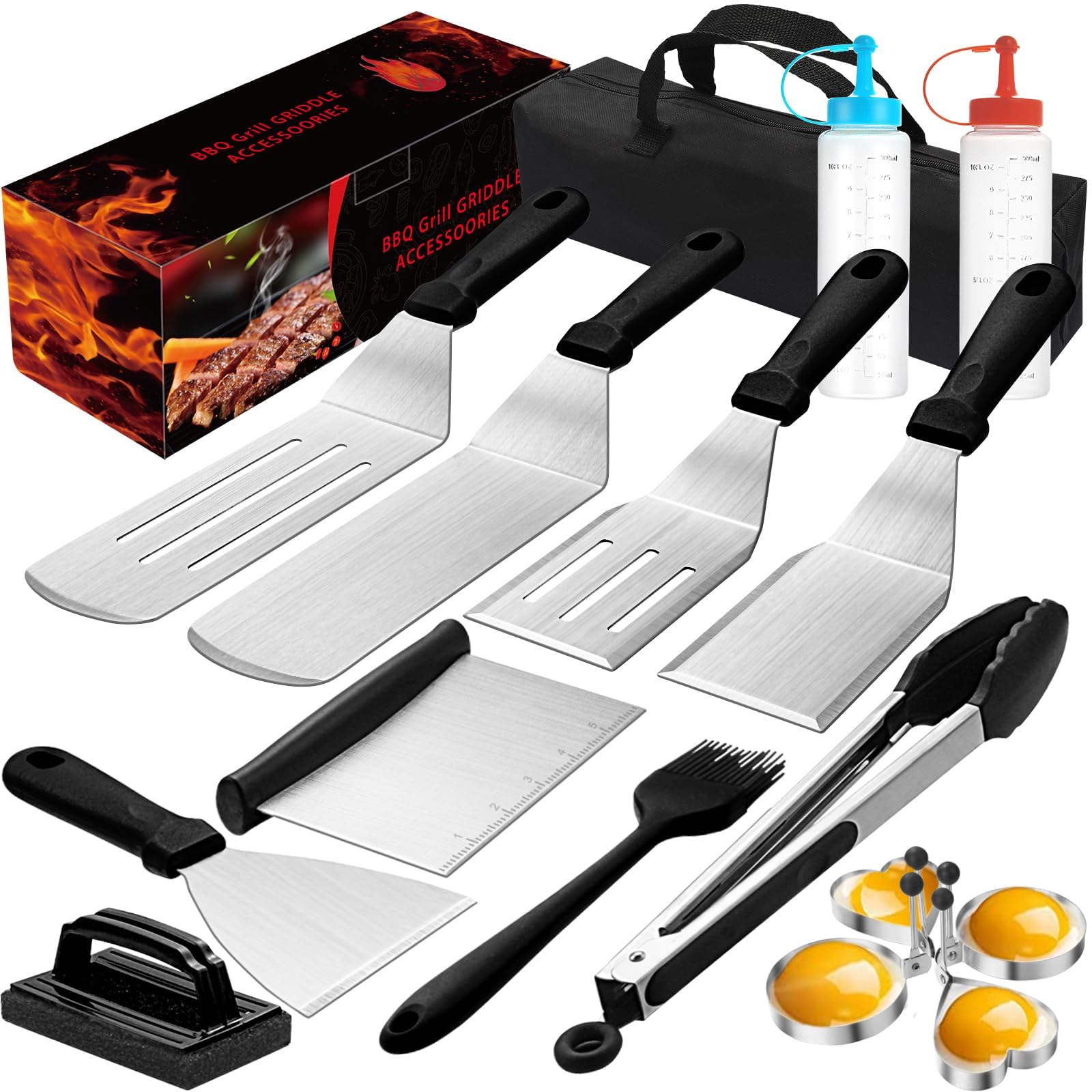 17PCS Flat Top Grill Accessories Kit for Blackstone & Camp Chef - Heavy Duty BBQ Spatula Set with Scraper, Tongs & Enlarged Spatulas - Perfect for Outdoor Cooking, Camping & Backyard BBQ Parties