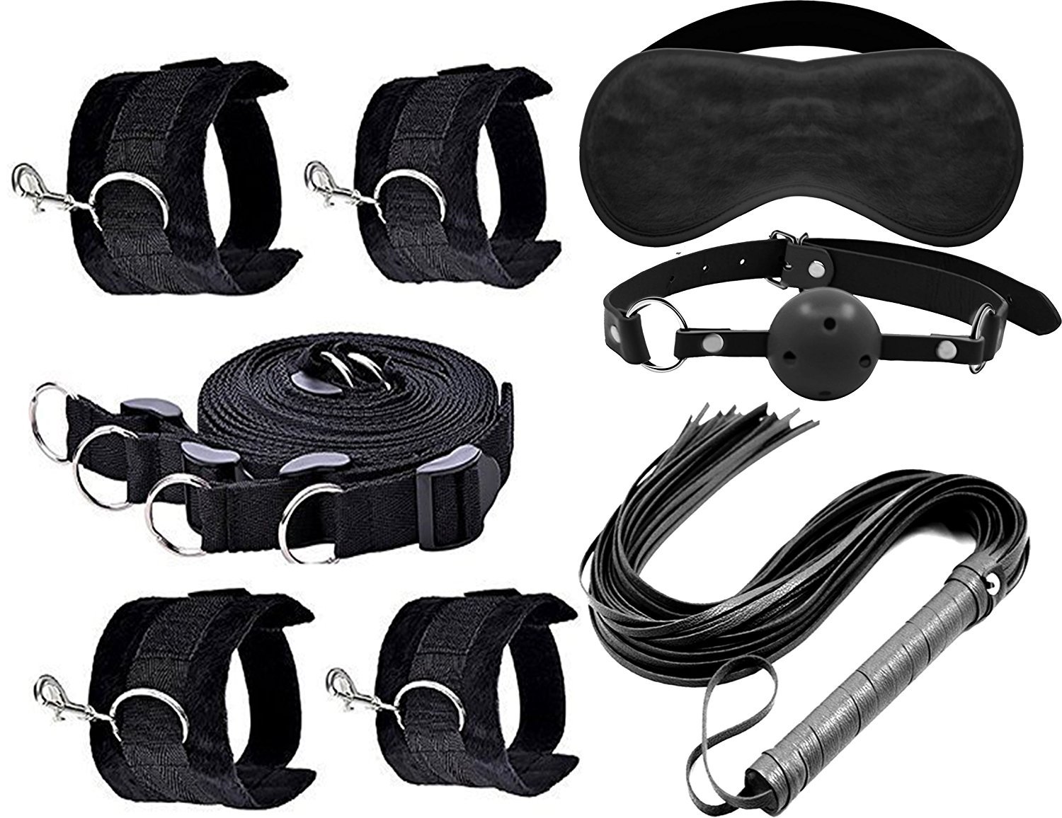 Velvet Blindfold Eye Mask & Adjustable Wrist Ankle Cuffs Set - Soft Restraints with Whip & Gag for Couples Play - Black Bondage Accessories for Bedroom, BDSM & Sensual Massage