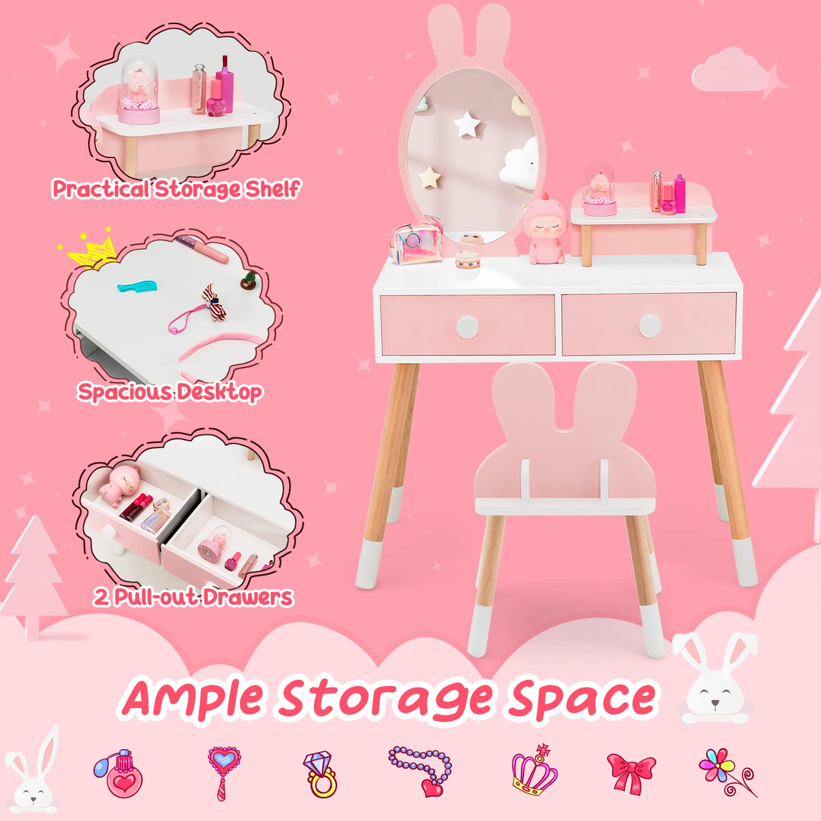 Costzon Pink Wooden Princess Vanity Set for Girls with Mirror, Stool & Storage - Kids Makeup Dressing Table with 2 Large Drawers & Shelf - Pretend Play Toy for Toddlers (Perfect for Birthday Gifts & Bedroom Decor)