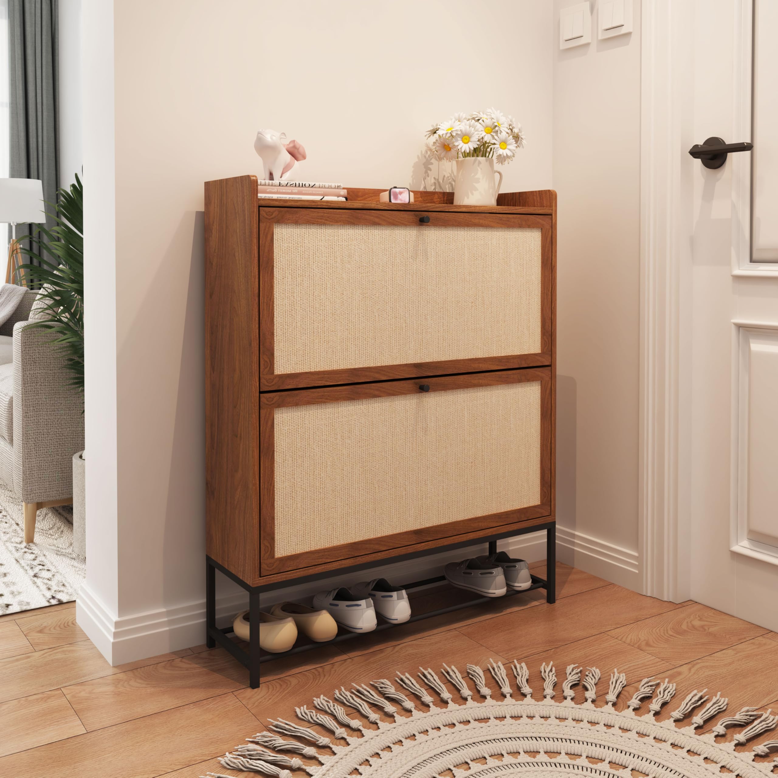 Narrow Shoe Storage Cabinet with 2 Flip Drawers - Freestanding Slim Shoe Organizer | Wooden Closed Shoe Rack for Entryway, Hallway & Living Room | Walnut Finish | Perfect for Small Spaces & Apartment Organization