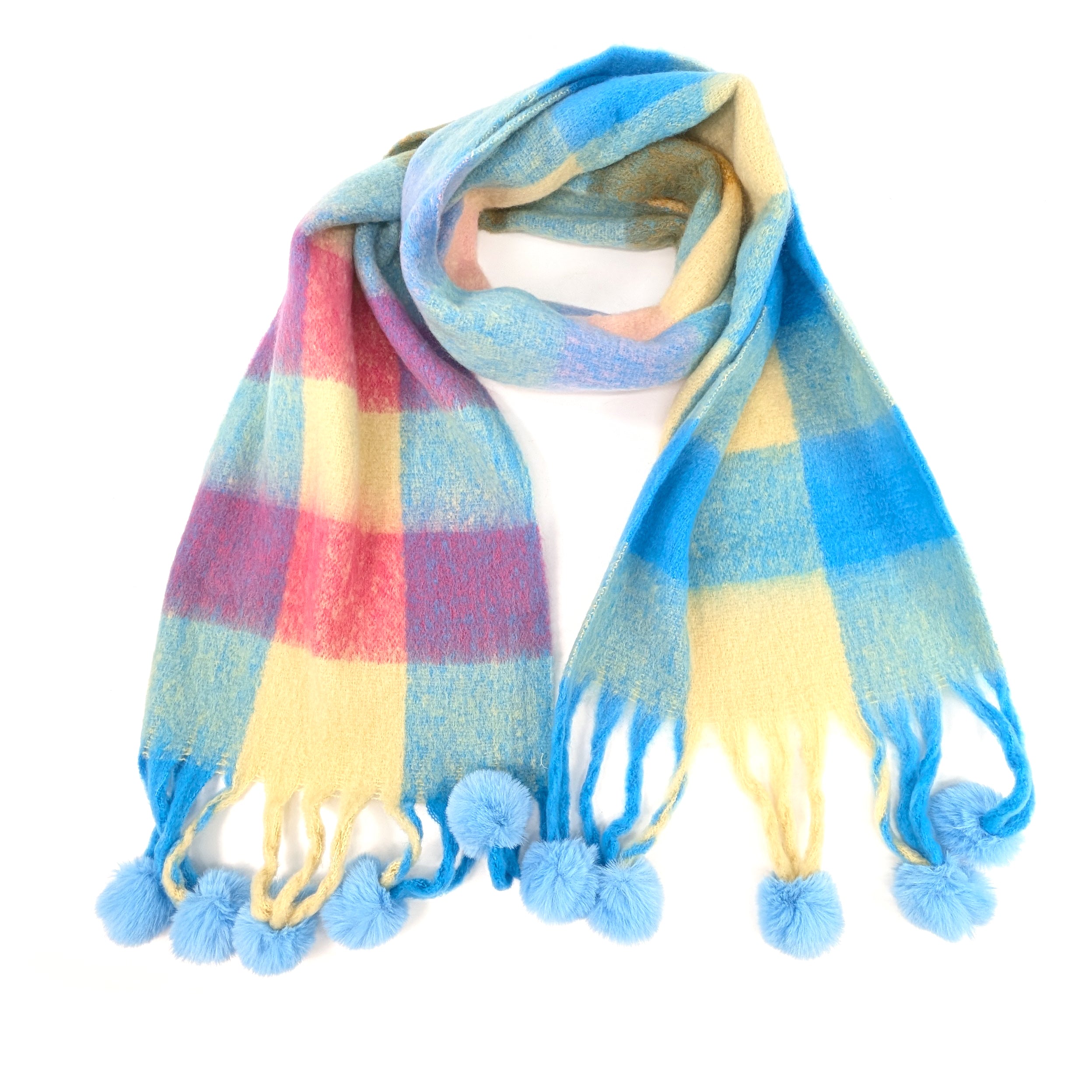 Extra Thick Check PomPom Scarf - 40x210cm Soft Winter Scarf for Women & Teens - Blue & Pink Plaid Fashion Scarf - Perfect for Cold Weather, Christmas Gifts & Outdoor Activities