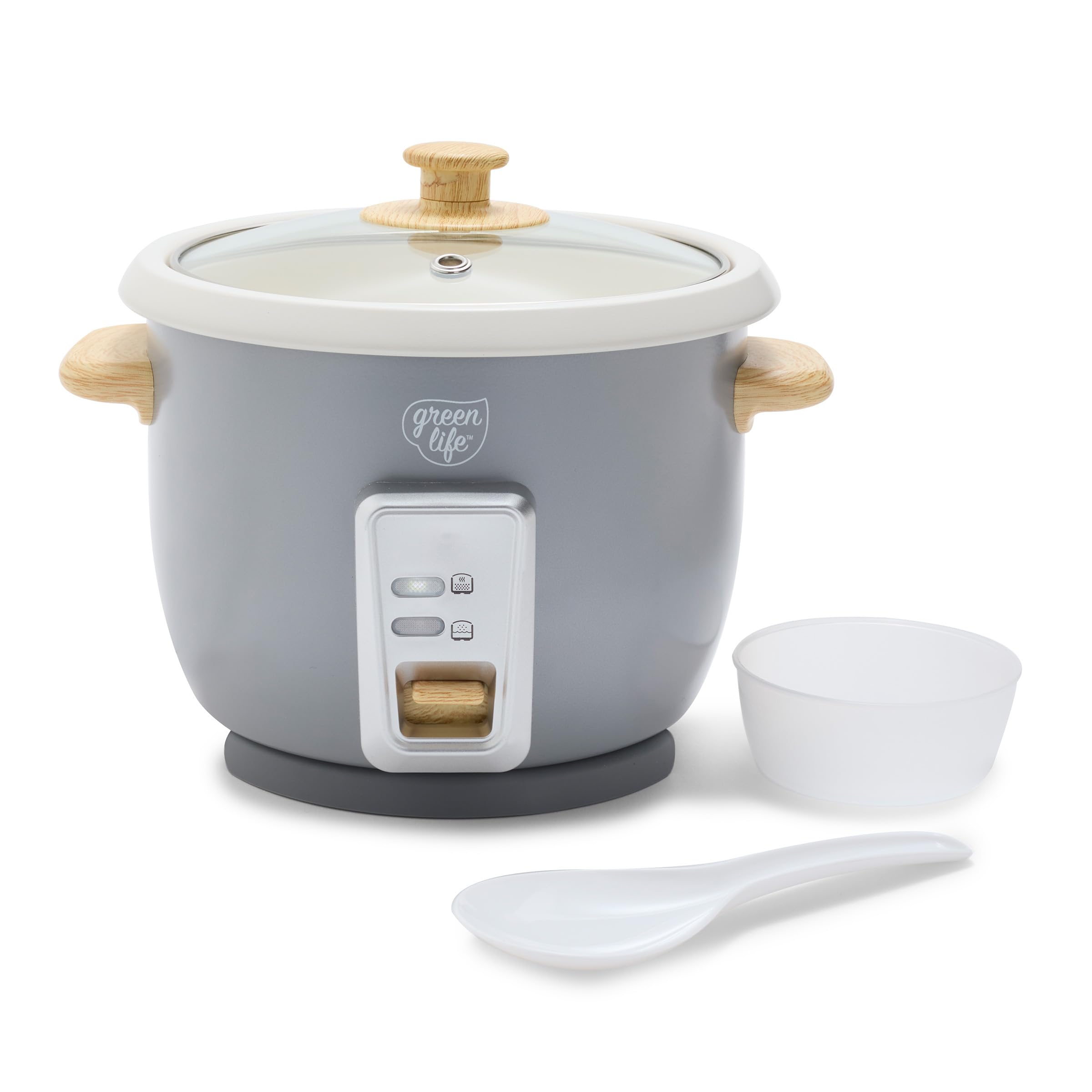 GreenLife Electric Rice Cooker Steamer - 3 Cup Uncooked/6 Cup Cooked Capacity, PFAS-Free Nonstick Removable Pot with Auto Presets | Wood Print Handle, Dishwasher Safe | Includes Measuring Cup & Rice Paddle in Quartz Grey | Perfect for Small Families, Dorm Rooms & Meal Prep