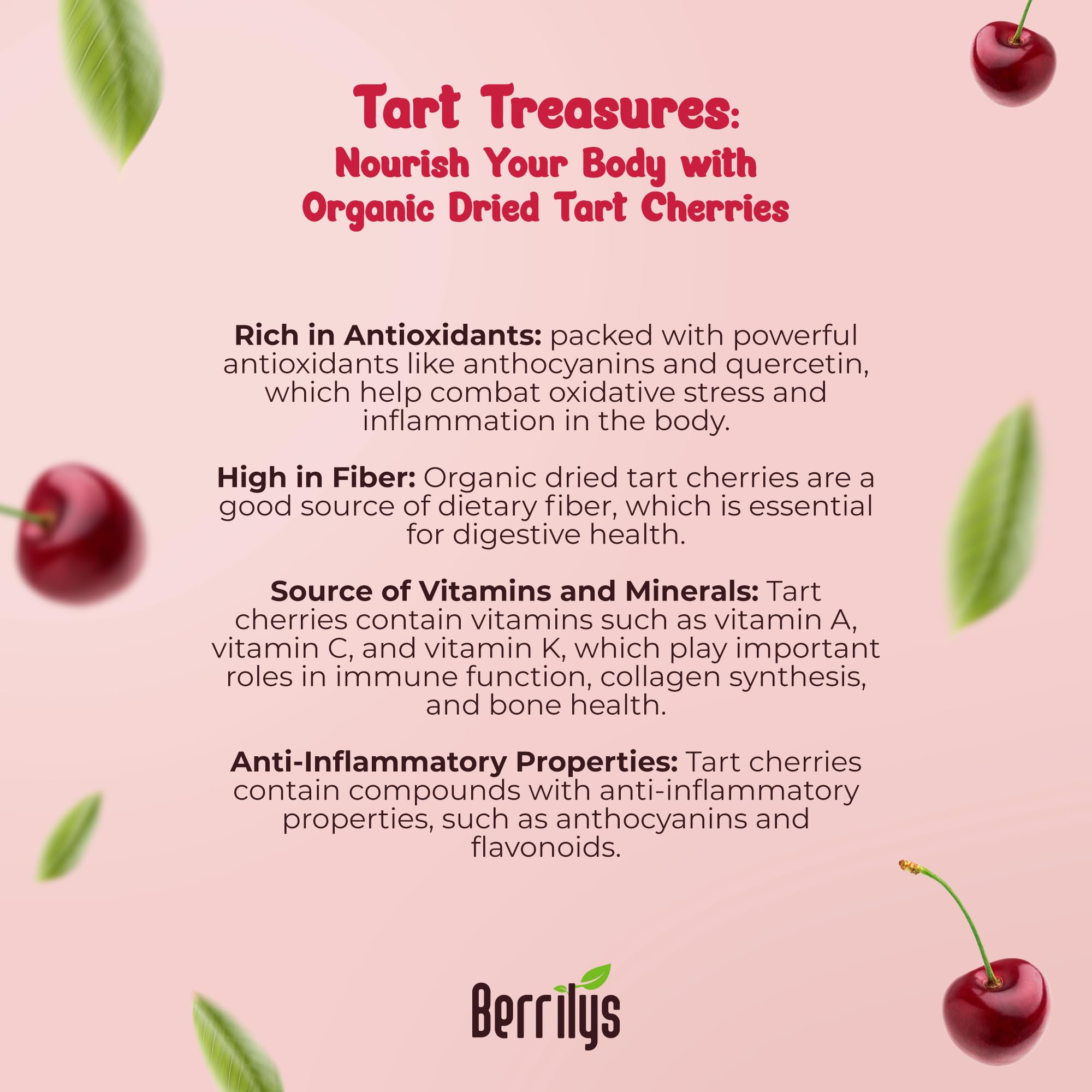 Berrilys Organic Unsweetened Dried Tart Cherries 1 lb (16 oz) - No Sugar Added, Non-GMO, Vegan - Perfect for Baking, Smoothies, Trail Mix & Healthy Snacks - Antioxidant-Rich Superfood for Breakfast Bowls & Yogurt Toppings