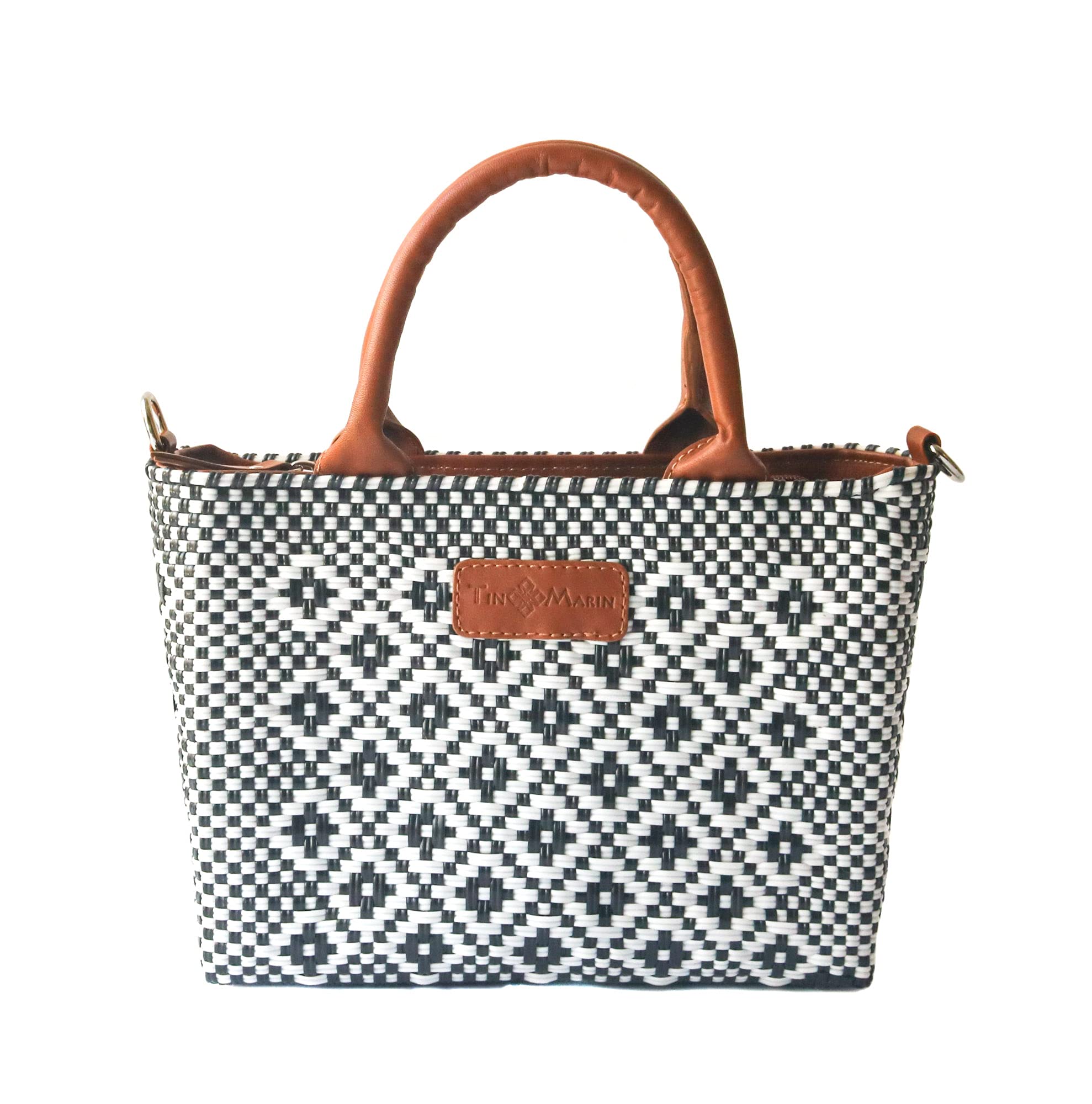Eco-Friendly Small Woven Crossbody Bag with Tan Leather Handles - Mexican Recycled Plastic Handwoven Purse with Adjustable Strap & Zipper Closure | Perfect for Summer Travel, Beach Outings & Everyday Use