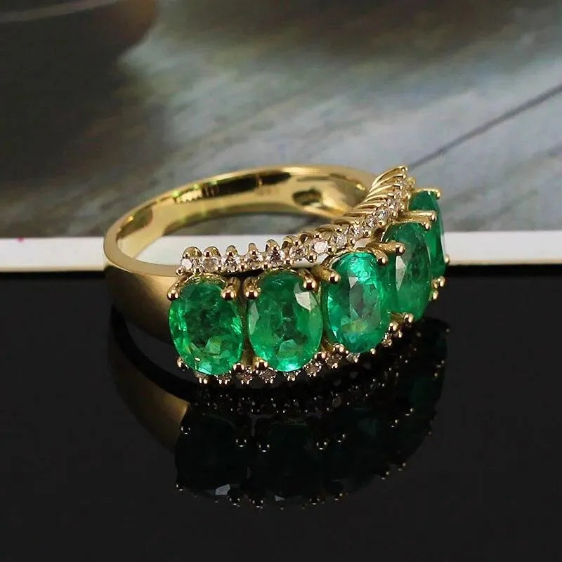 18Kt Solid Yellow Gold Natural Green Emerald Diamond Wedding Ring for Women | Genuine Gemstone Fine Jewelry | Anniversary, Engagement, Party & Special Occasion Gift