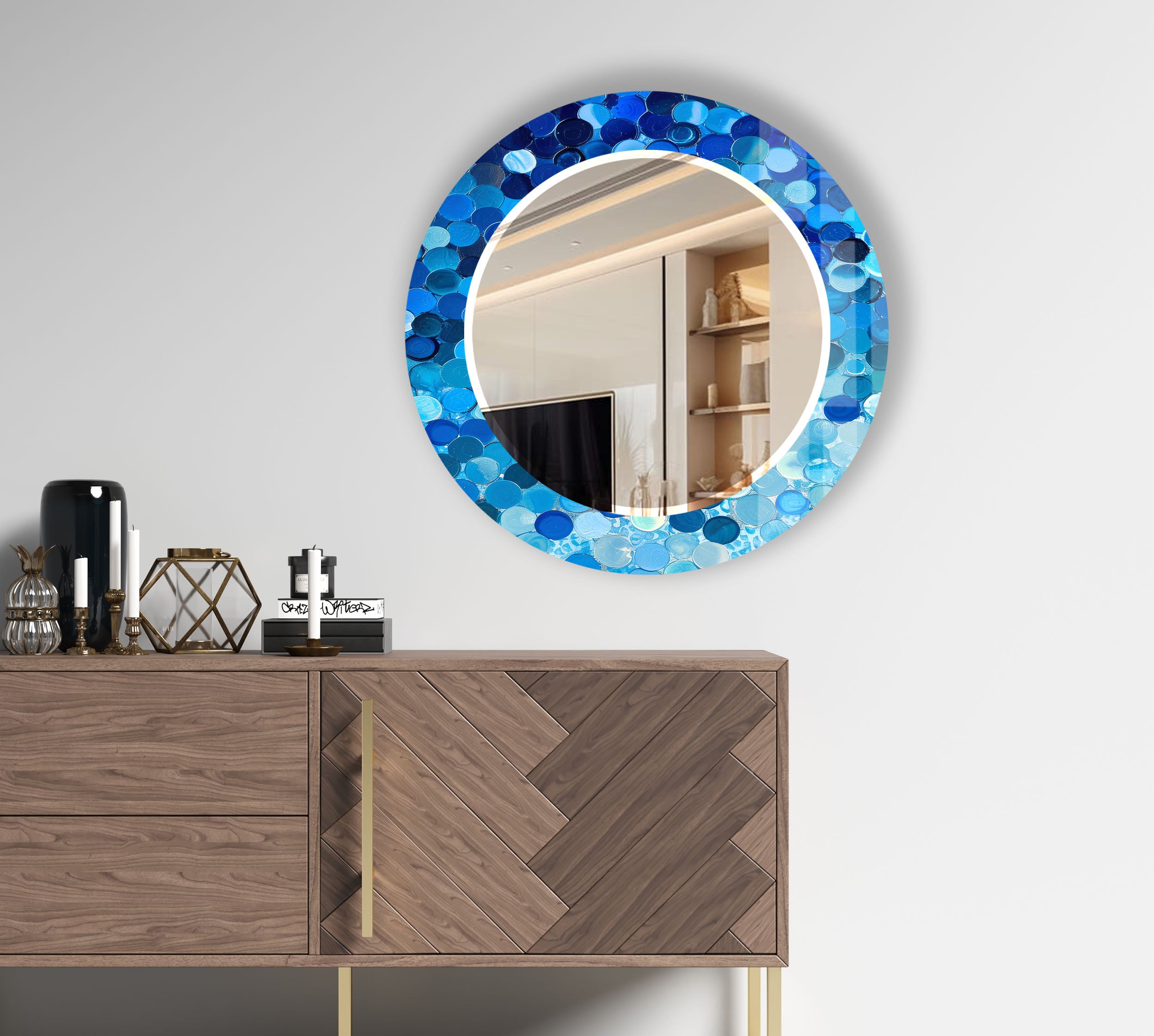 Blue Bubble Mosaic Round Wall Mirror - Coastal Style Accent Mirror for Modern Home Decor, Perfect for Bathroom, Bedroom, Living Room, and Entryway