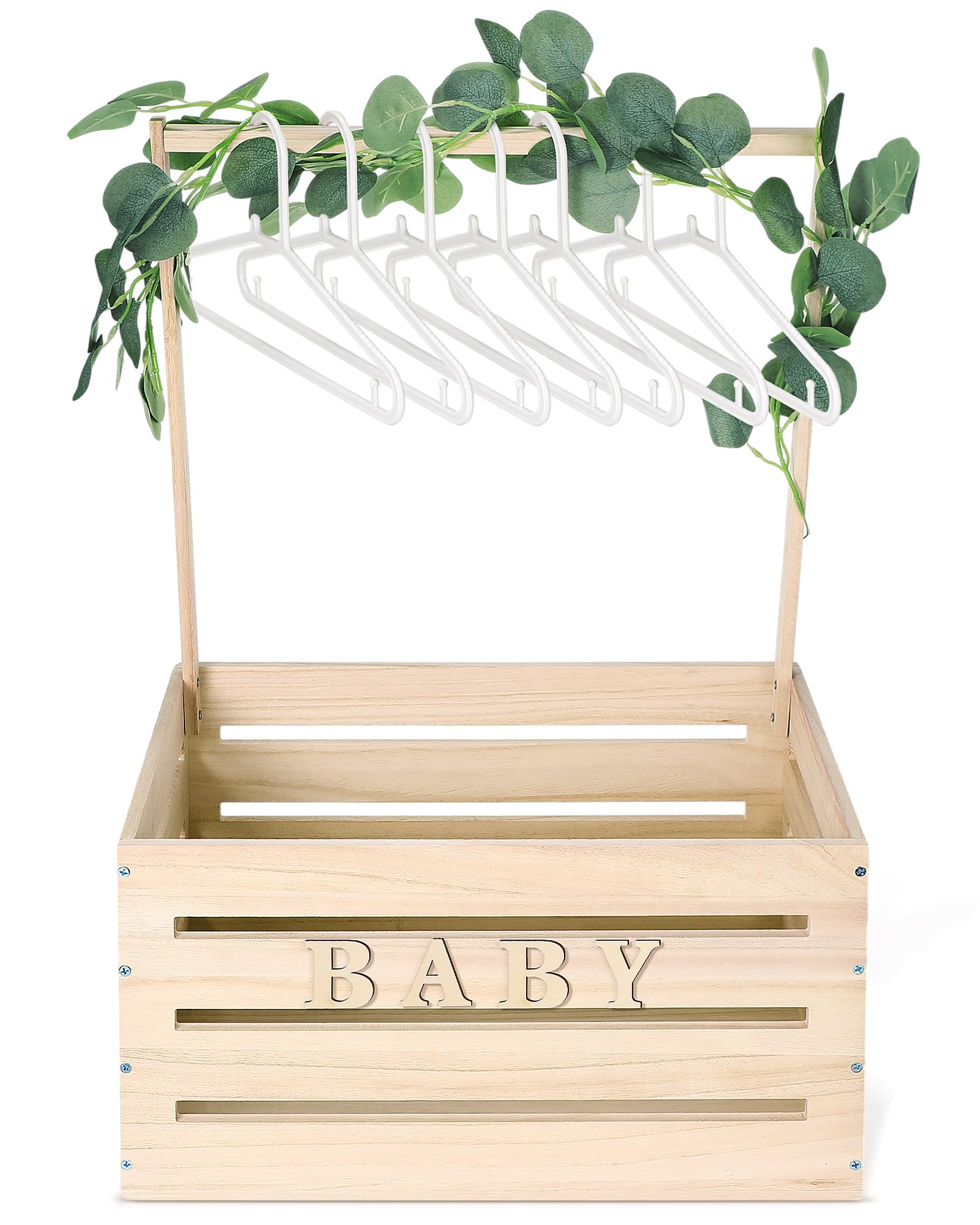 Barydat 17.7 Inch Large Wooden Baby Shower Gift Crate with Handle & Garland - Nursery Storage Basket for Newborn Boys & Girls - Perfect Baby Shower, Pregnancy & New Parent Gift (Natural Wood Color) - Ideal for Nursery Decor, Baby Clothes Storage & Gender Reveal Parties