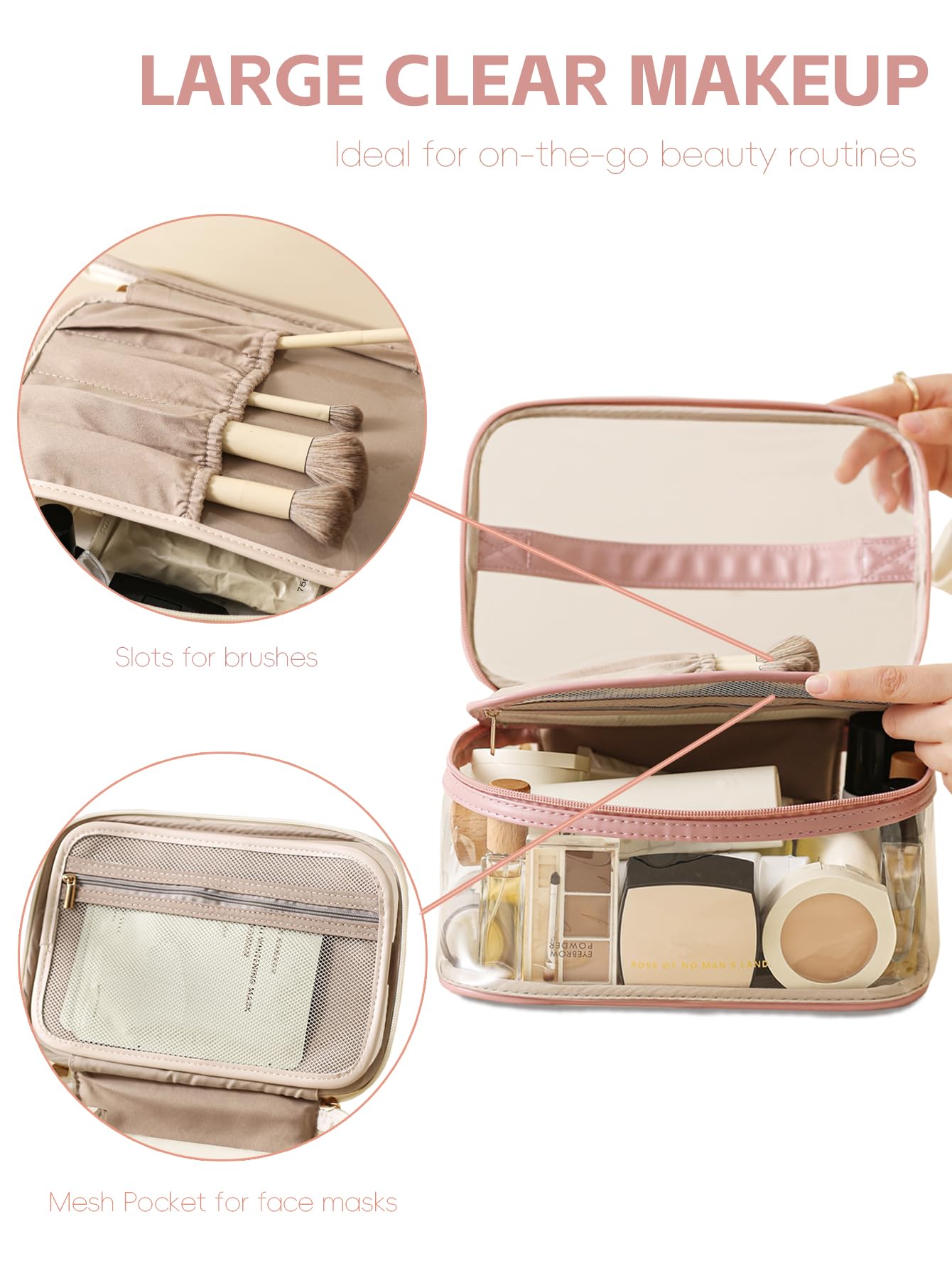 Large Clear Makeup Bag - Waterproof Transparent Cosmetic Organizer with Handle for Women & Girls | Travel Toiletry Case, Skincare Pouch, Daily Beauty Essentials | Perfect for Air Travel, Gym, Beach & Home Organization (Black)