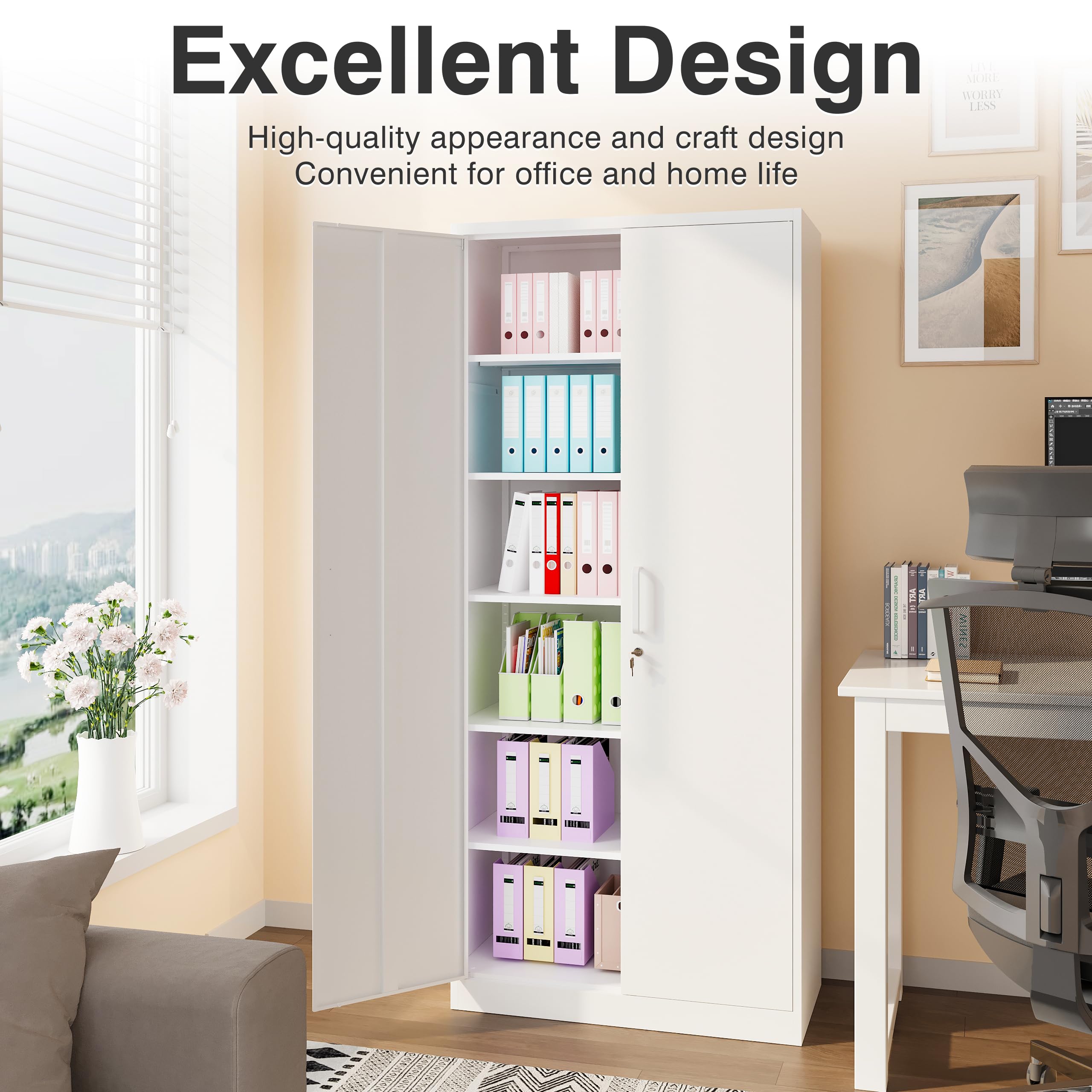 White Metal Storage Cabinet with 5 Adjustable Shelves & Locking Doors - 71