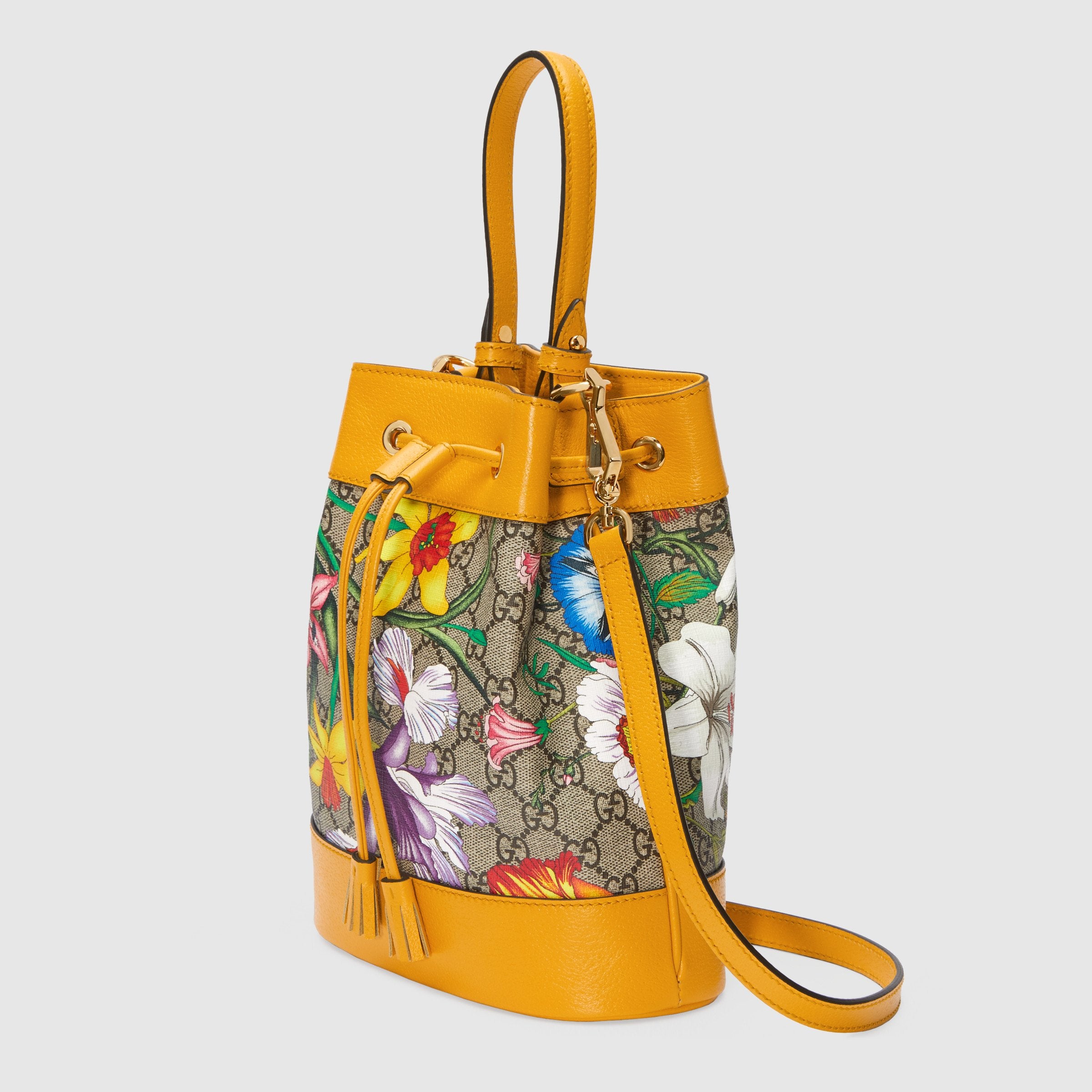 Gucci Ophidia GG Flora Small Bucket Bag in Yellow | Luxury Crossbody Handbag for Women | Perfect for Date Night, Travel & Everyday Use
