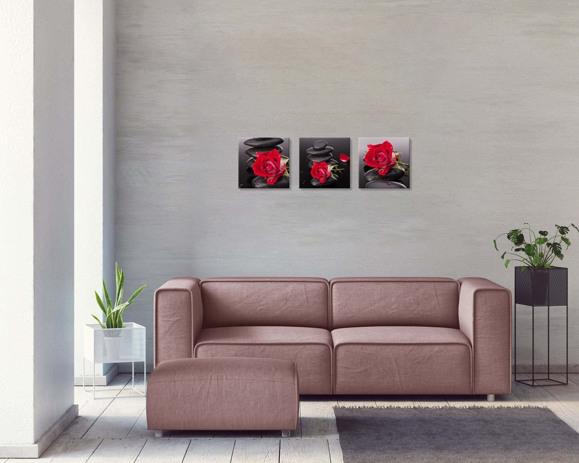 Red Canvas Wall Art - Zen Stones & Rose Pictures for Bedroom, Living Room, Kitchen & Bathroom Decor | Black & White Spa Style Home Decorations | Flower Paintings & Wall Artwork for Relaxing Spaces