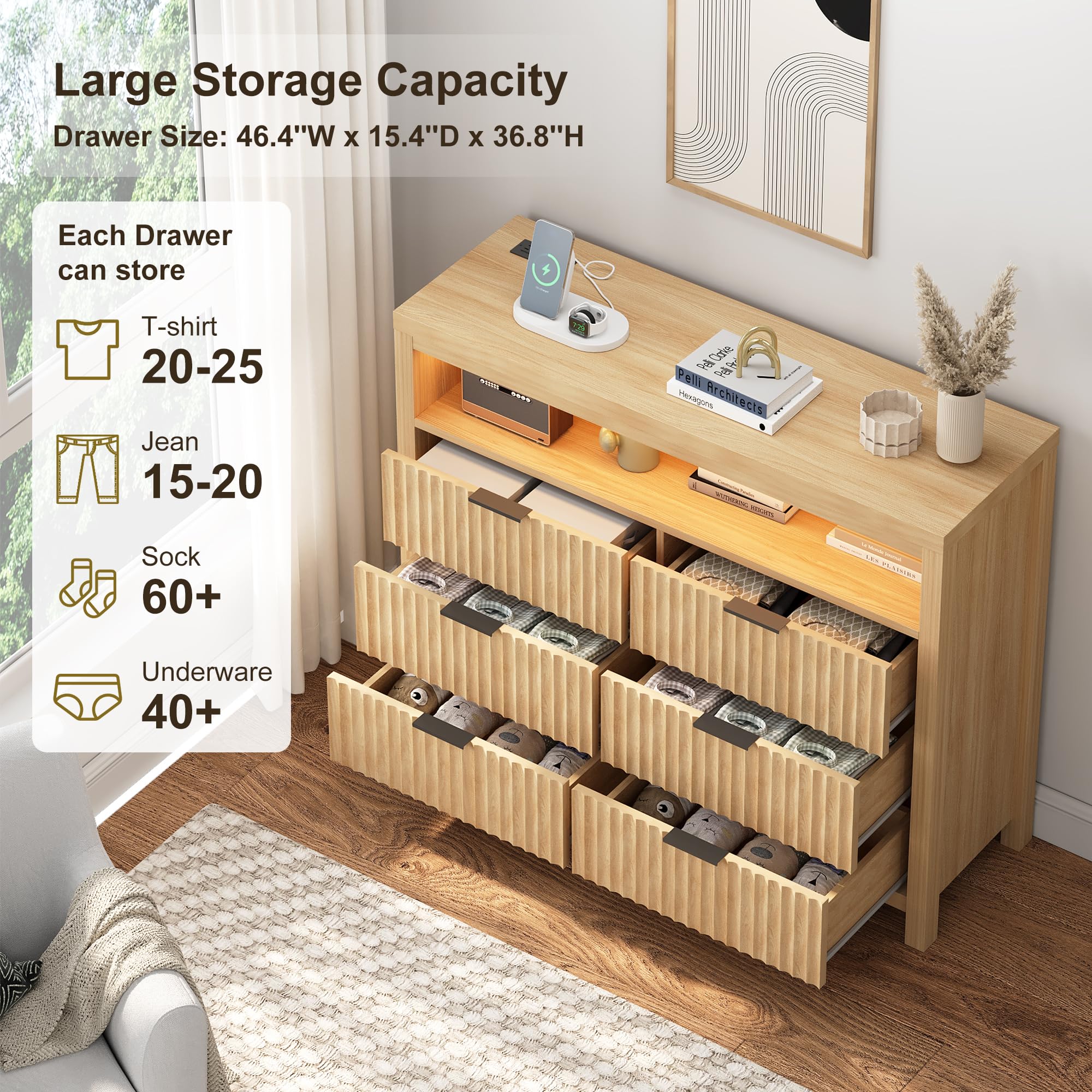 Fluted 6-Drawer Dresser with USB Power Outlet & LED Lights - Modern Boho Chest of Drawers with Charging Station, Large TV Stand Dresser, Double Wooden Drawer Organizer for Bedroom & Living Room (Natural Wood Finish) - Perfect for Small Space Organization & Contemporary Home Decor