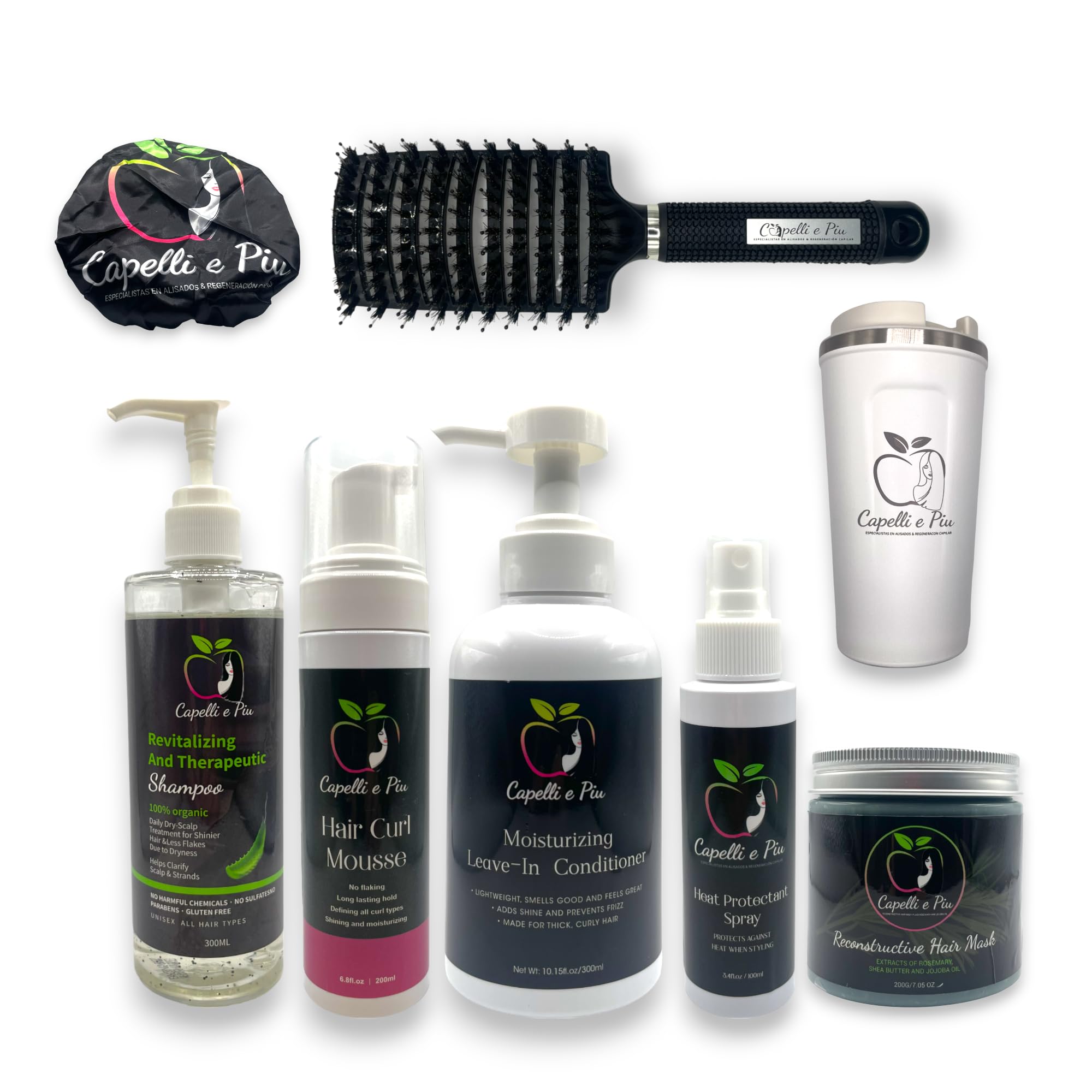 Premium Hair Care Maintenance Kit - Revitalizing Shampoo, Detangling Hair Brush, Curl Enhancing Mousse, Leave-In Conditioner, Heat Protectant Spray, Deep Repair Hair Mask, Insulated Thermos, Shower Cap for Salon-Quality Results at Home - Perfect for Damaged Hair Repair, Daily Styling & Travel Essentials