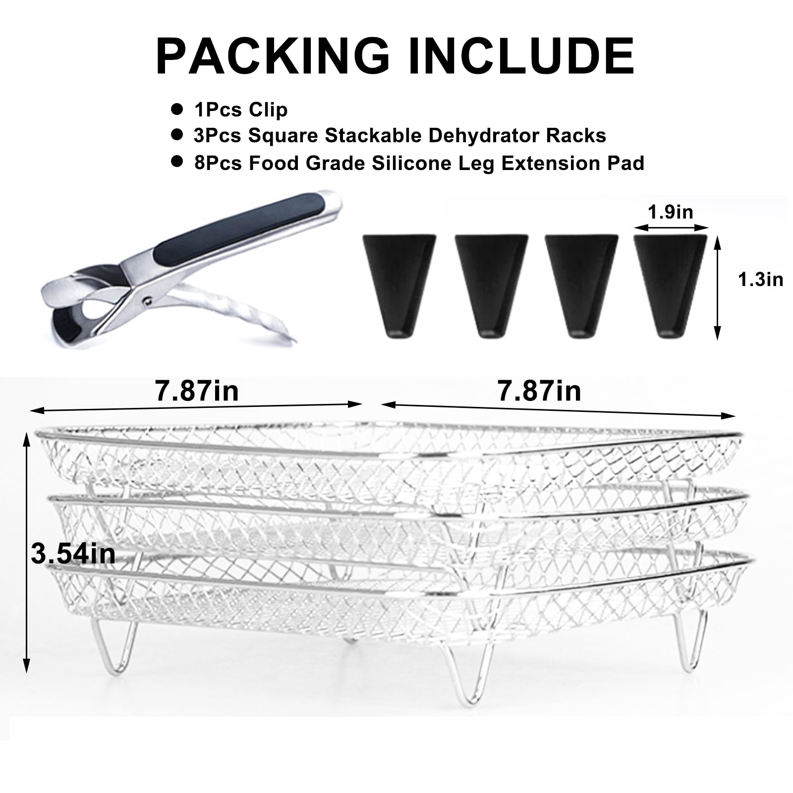 7.8 Inch Square Air Fryer Rack - 3 Stackable Dehydrator Trays - Compatible with Square Air Fryers (Inner Size >8 Inch) - Perfect for Baking, Roasting & Drying Food