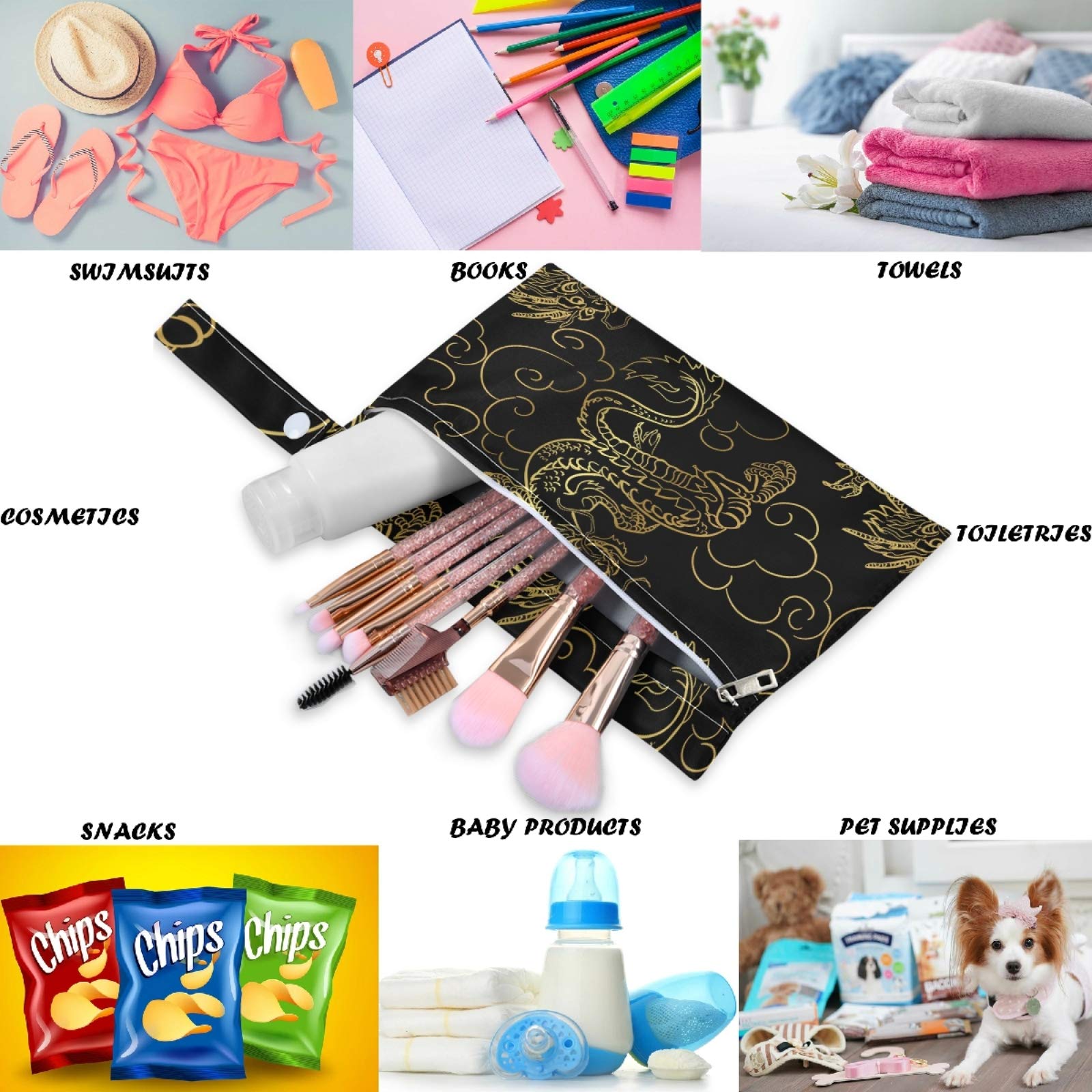 Visesunny Gold Dragon 2Pcs Waterproof Wet Bags with Zippered Pockets - Reusable Washable Storage Organizer for Travel, Beach, Pool, Gym, Daycare - Perfect for Wet Swimsuits, Dirty Clothes, Diapers & Toiletries - Ideal for Strollers, Sports & Outdoor Activities