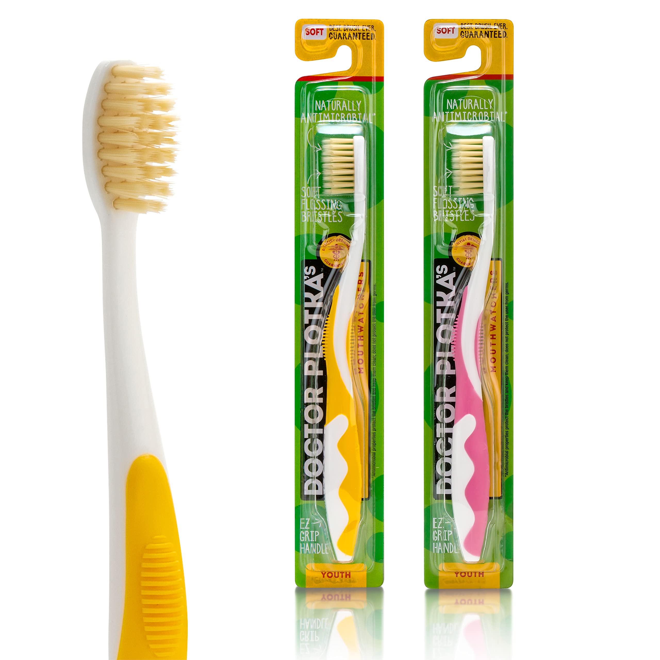 MOUTHWATCHERS Dr. Plotka's Extra Soft Kids Toothbrush Set - 2 Pack Pink & Yellow Manual Flossing Toothbrushes for Ultra Clean Teeth | Gentle Bristles for Children's Sensitive Gums | Perfect for School, Travel & Daily Oral Care