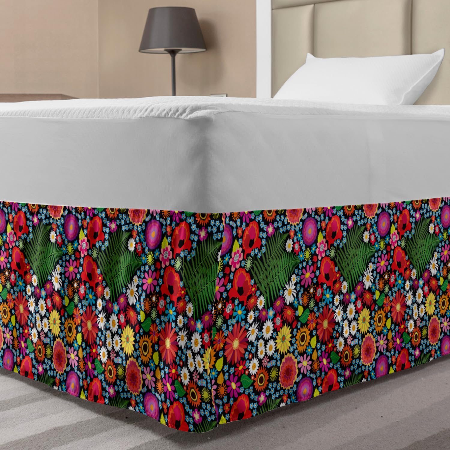 Ambesonne Floral Bed Skirt - Colorful Spring Wildflowers Design with Asters, Chamomiles & Fern Leaves - Elastic Wrap Around Dust Ruffle for Queen/Full Size Beds - Perfect for Bedroom Decor, Guest Rooms & Spring Home Styling