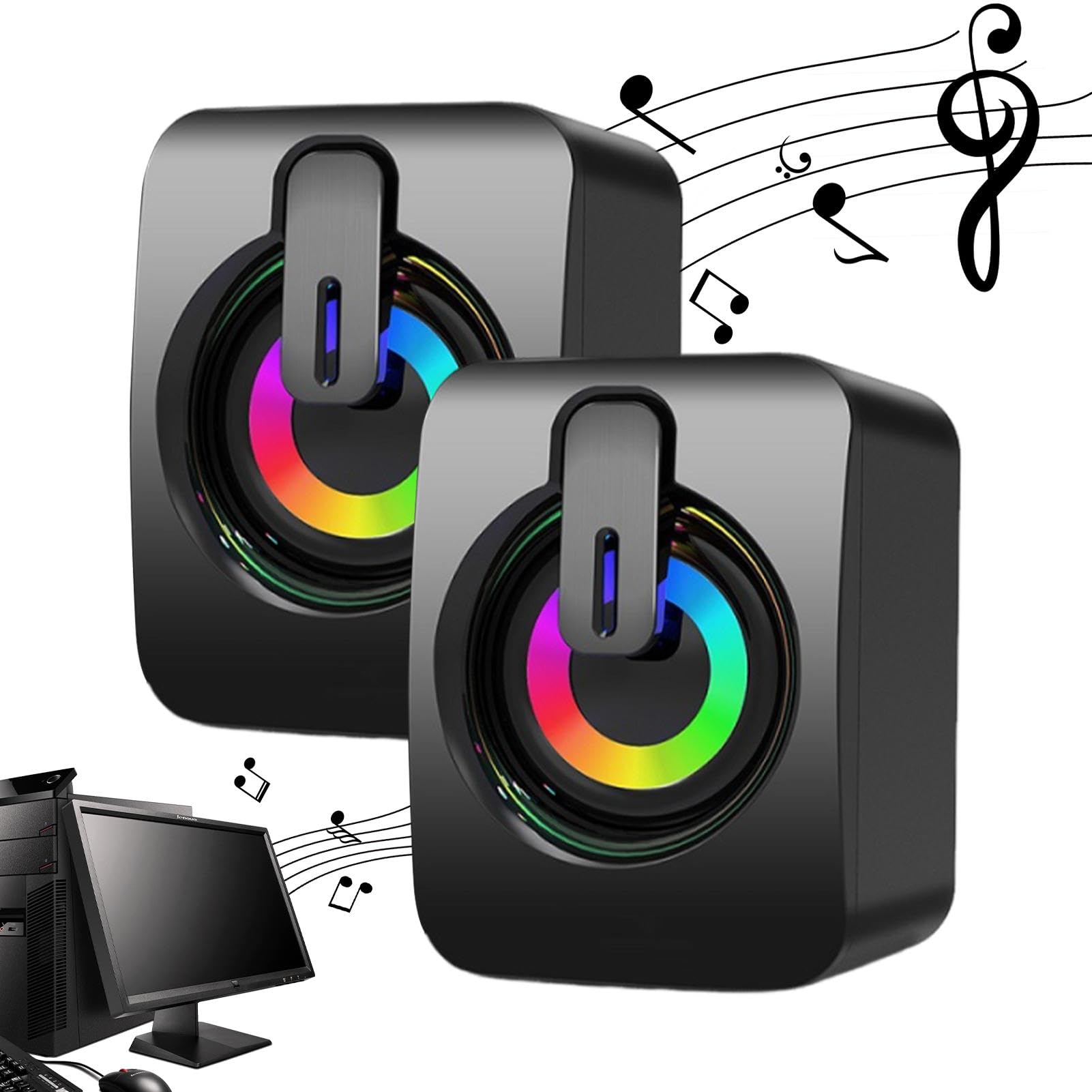 USB Wired Computer Speakers with RGB Lighting - Stereo PC Soundbar for Desktop, Laptop, TV & Gaming | Plug & Play Multimedia Speakers for Movies, Music & Video Games (1 Pair, Home/Office Use)