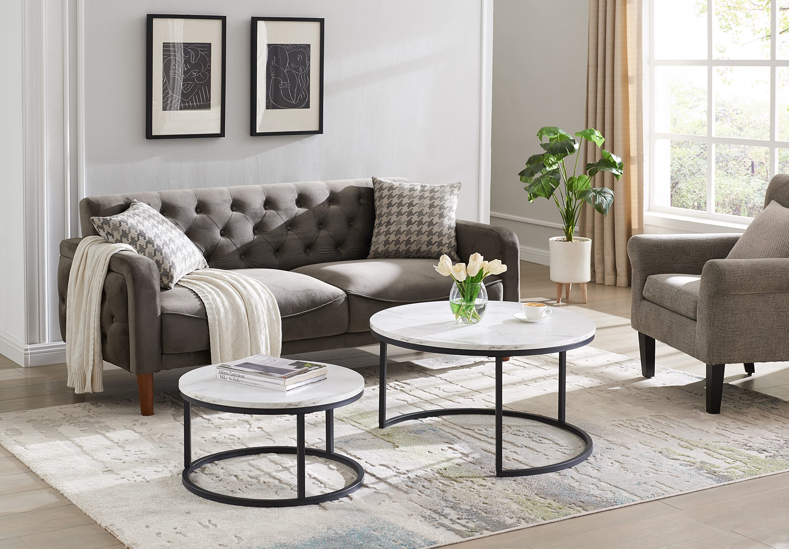 Modern Round Nesting Coffee Table Set of 2 - Mid Century Wood Accent with Faux Marble Tabletop & Black Frame - Perfect for Living Room, Office, Balcony - Great Gift for Thanksgiving & Christmas - Ideal for Small Spaces & Home Decor (White)