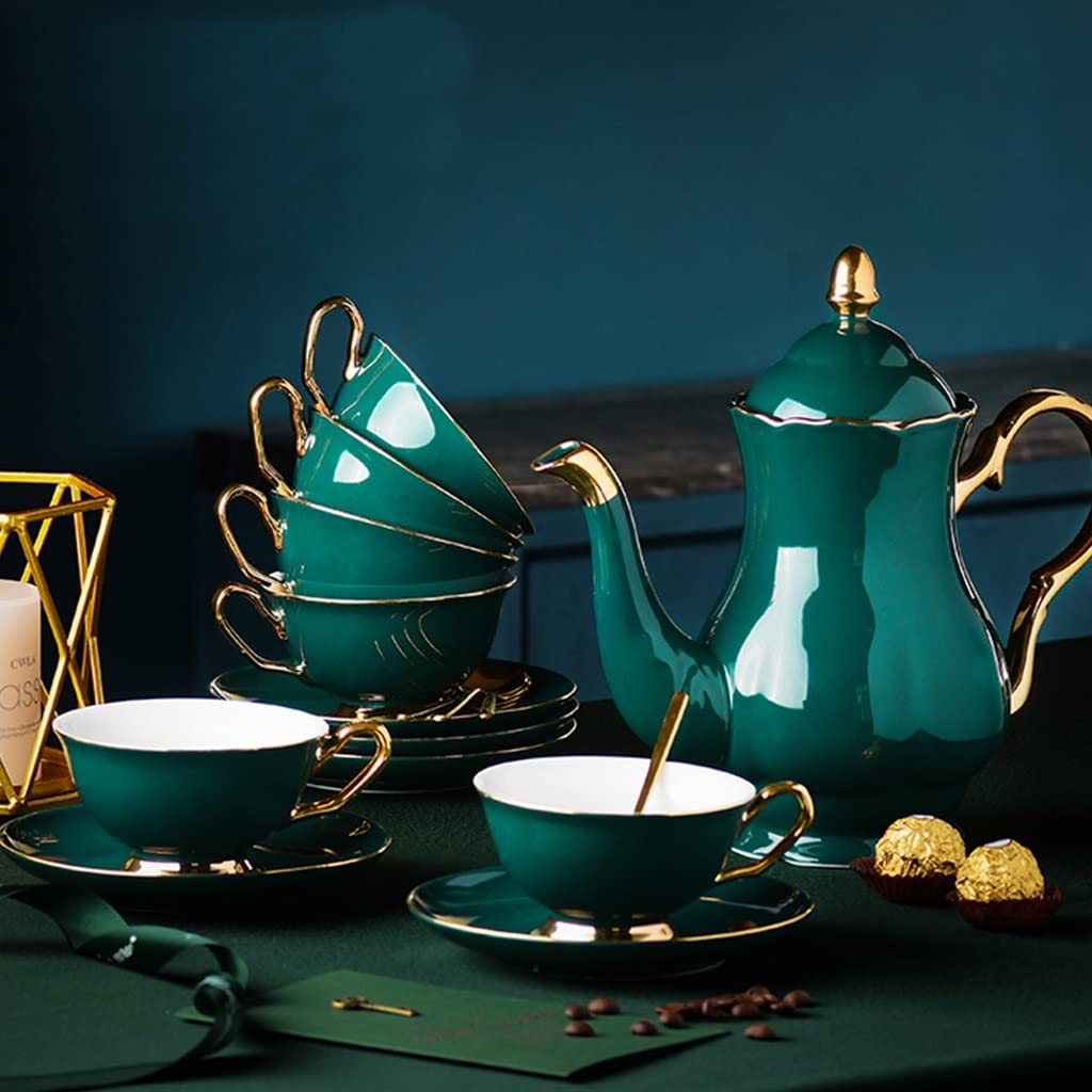 Premium 6-Piece Porcelain Tea Set with Teapot, Cups & Saucers - Elegant Ceramic Tea/Coffee Gift Set for Adults - Perfect for Tea Parties, Afternoon Tea & Home Decor (Green, Style 3)