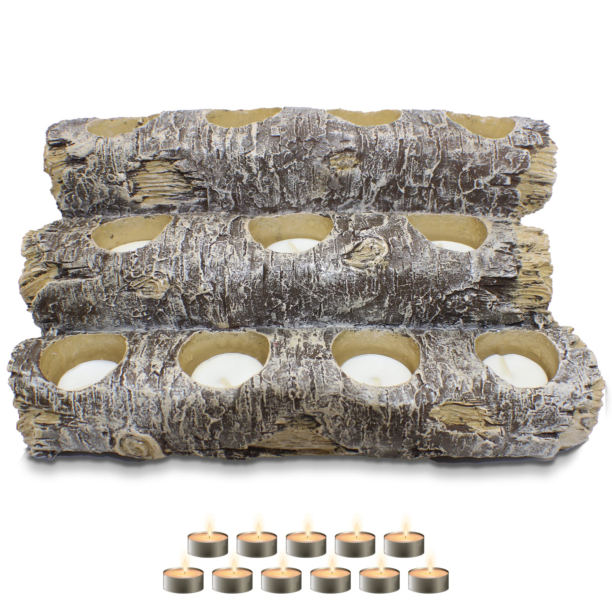 Castaway Faux Fireplace Logs with LED Lights - Realistic Wood Log Candle Holder Set Includes 12 Fireplace Candles - Rustic Home Decor for Living Room, Bedroom, and Cozy Winter Ambiance