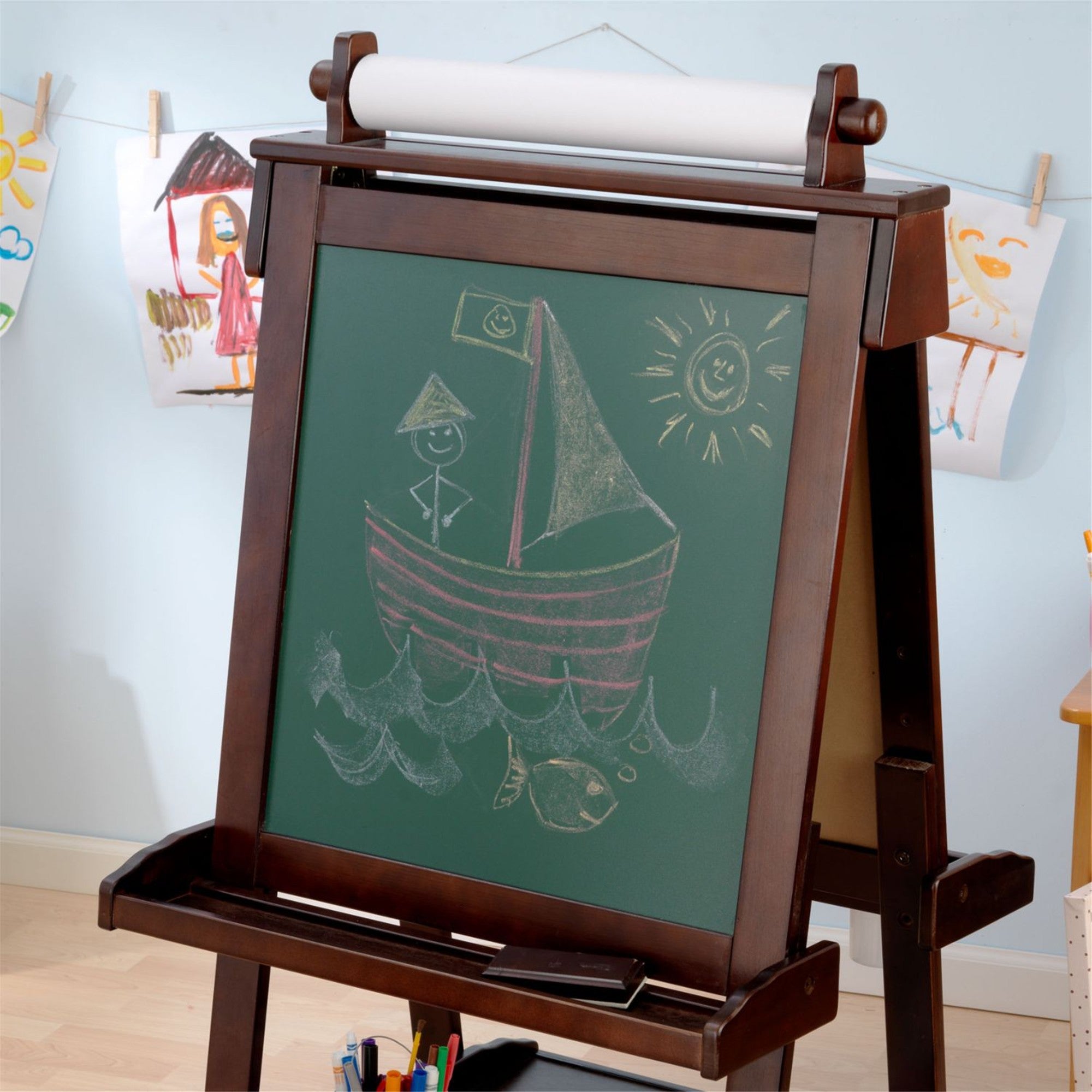 KidKraft Deluxe Wooden Art Easel for Kids - Adjustable Double-Sided Chalkboard & Whiteboard - Espresso Finish - Perfect for Home, Classroom & Art Studio Use